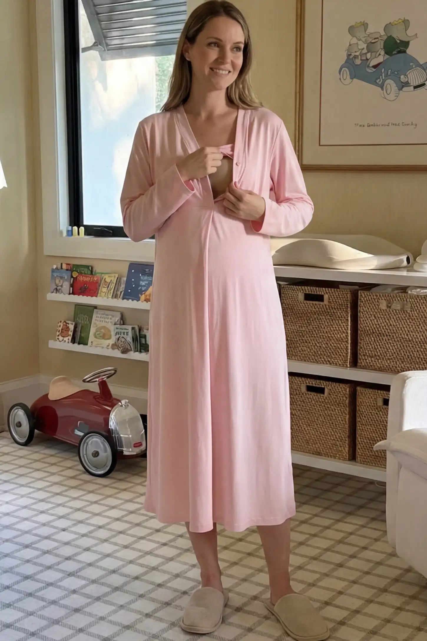 Pure Cotton V-Neck Button Front Maternity Nursing Sleepwear Pure Cotton V-Neck Button Front Maternity Nursing Dress in Pink featuring button front nursing on a pregnant woman showing nursing access in a room setting.
