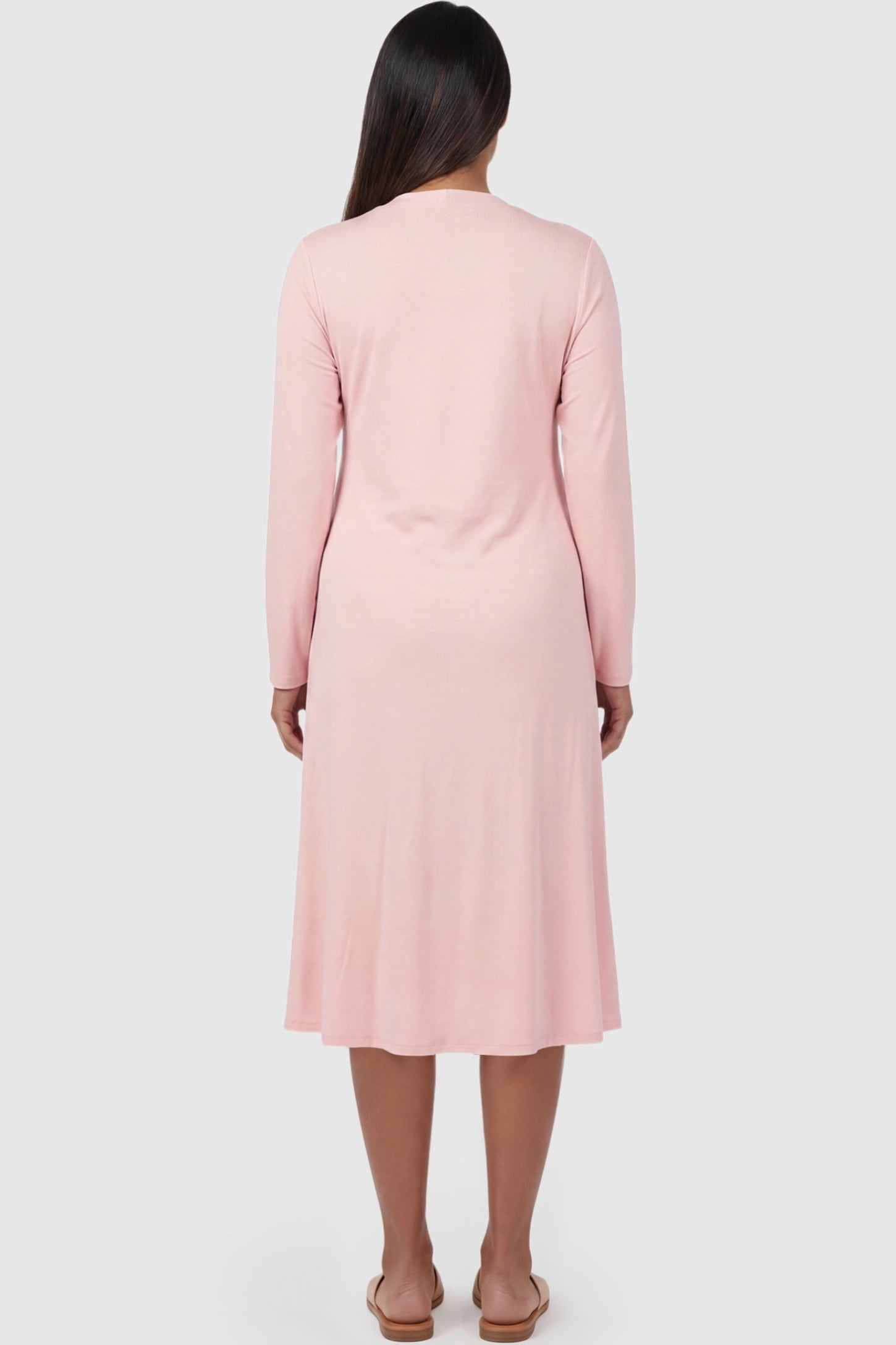 Pure Cotton V-Neck Button Front Maternity Nursing Sleepwear Pure Cotton V-Neck Button Front Maternity Nursing Dress in Pink featuring pure cotton on a pregnant model showing back.
