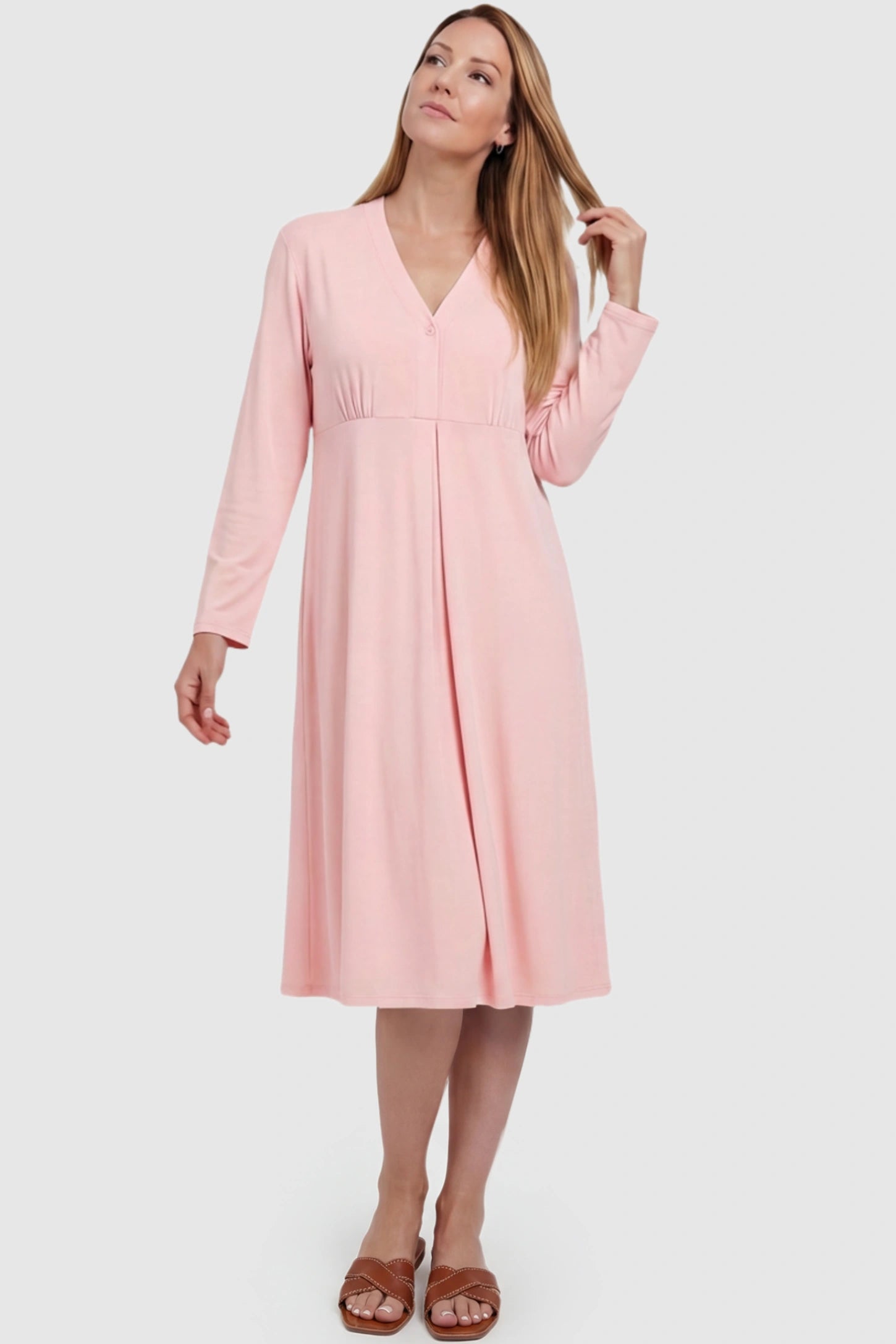 Pure Cotton V-Neck Button Front Maternity Nursing Sleepwear Pure Cotton V-Neck Button Front Maternity Nursing Dress in Pink featuring button front nursing on a postpartum model.