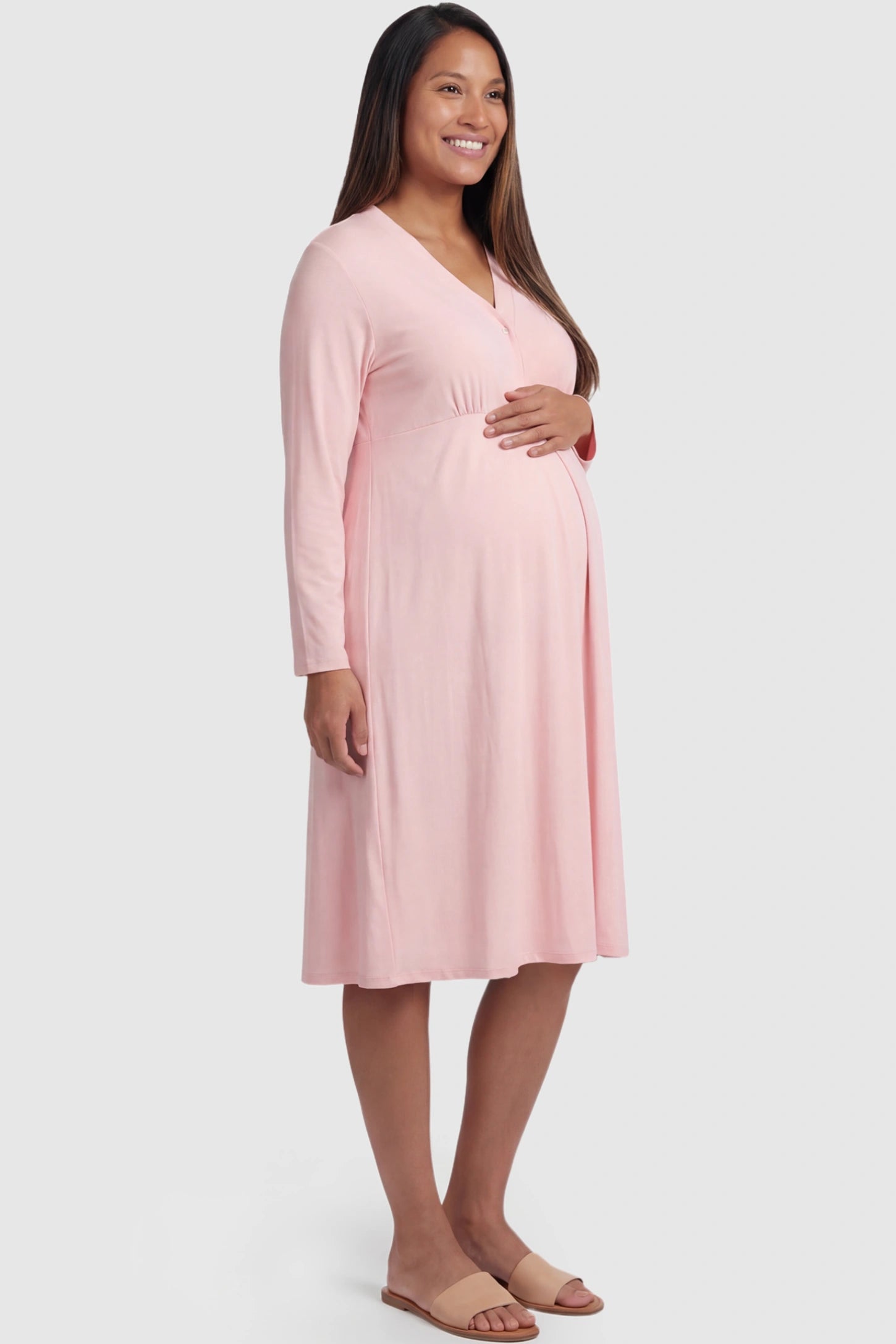 Pure Cotton V-Neck Button Front Maternity Nursing Sleepwear Pure Cotton V-Neck Button Front Maternity Nursing Dress in Pink featuring button front nursing on a pregnant model showing side.
