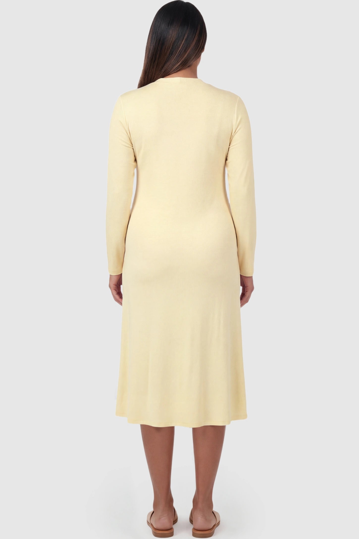 Pure Cotton V-Neck Button Front Maternity Nursing Sleepwear Pure Cotton V-Neck Button Front Maternity Nursing Dress in Yellow featuring pure cotton on a pregnant model showing back.