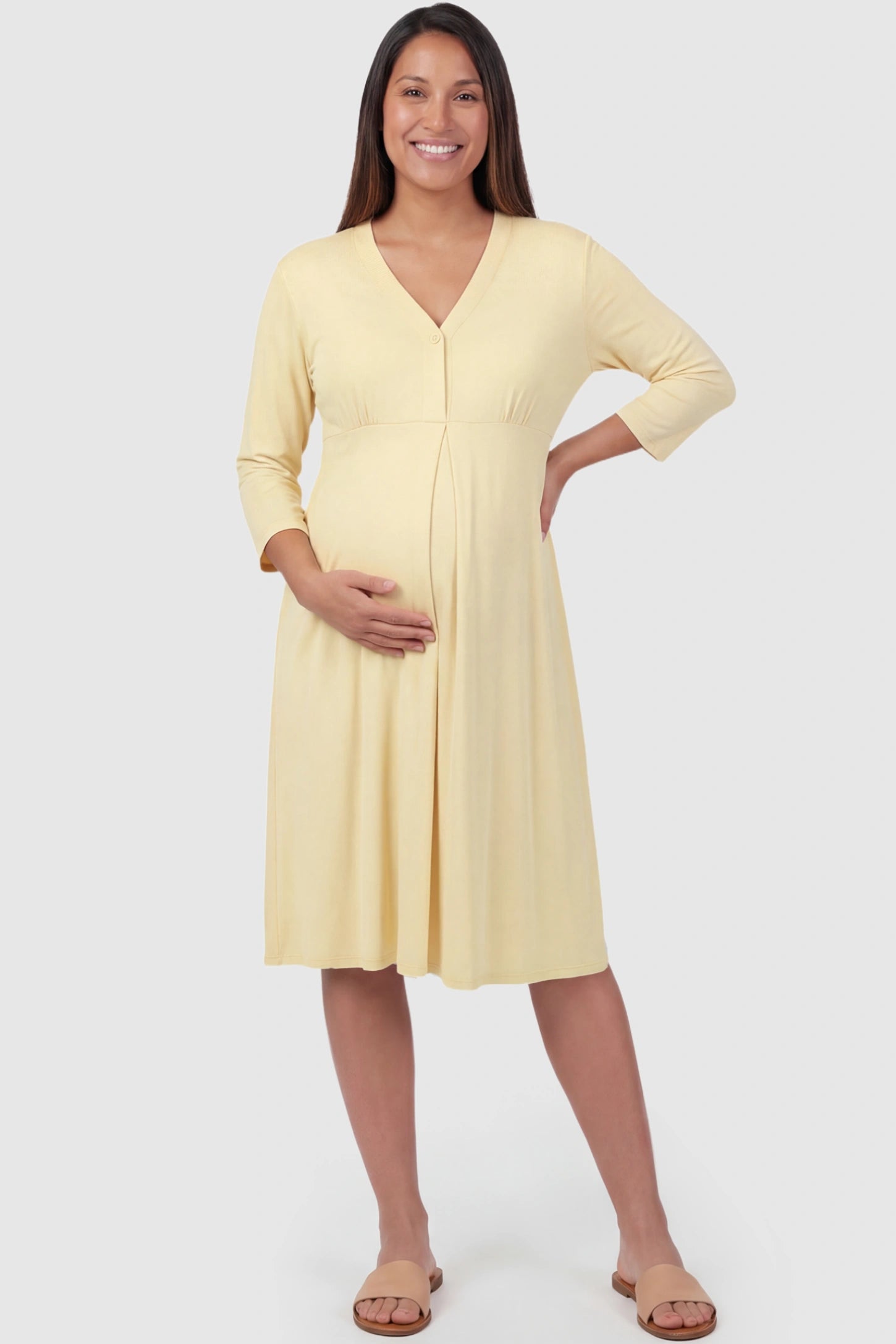 Pure Cotton V-Neck Button Front Maternity Nursing Sleepwear Pure Cotton V-Neck Button Front Maternity Nursing Dress in Yellow featuring button front nursing on a pregnant model posing front.