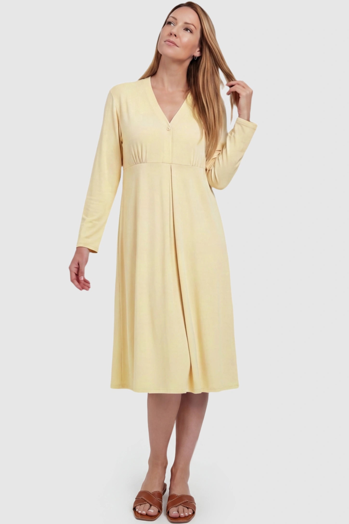 Pure Cotton V-Neck Button Front Maternity Nursing Sleepwear Pure Cotton V-Neck Button Front Maternity Nursing Dress in Yellow featuring button front nursing on a postpartum model.