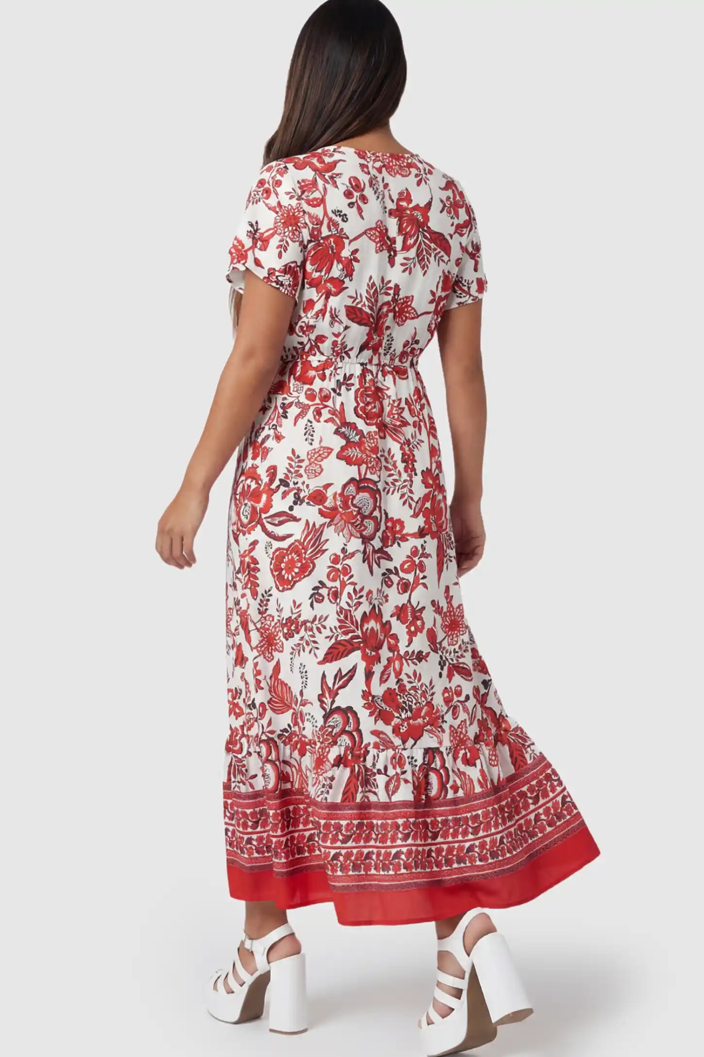 Retro Floral Print V-Neck Maternity Midi Dress Retro Floral Print V-Neck Midi Maternity Dress in red featuring a cinched drawstring waist on a pregnant model showing back.
