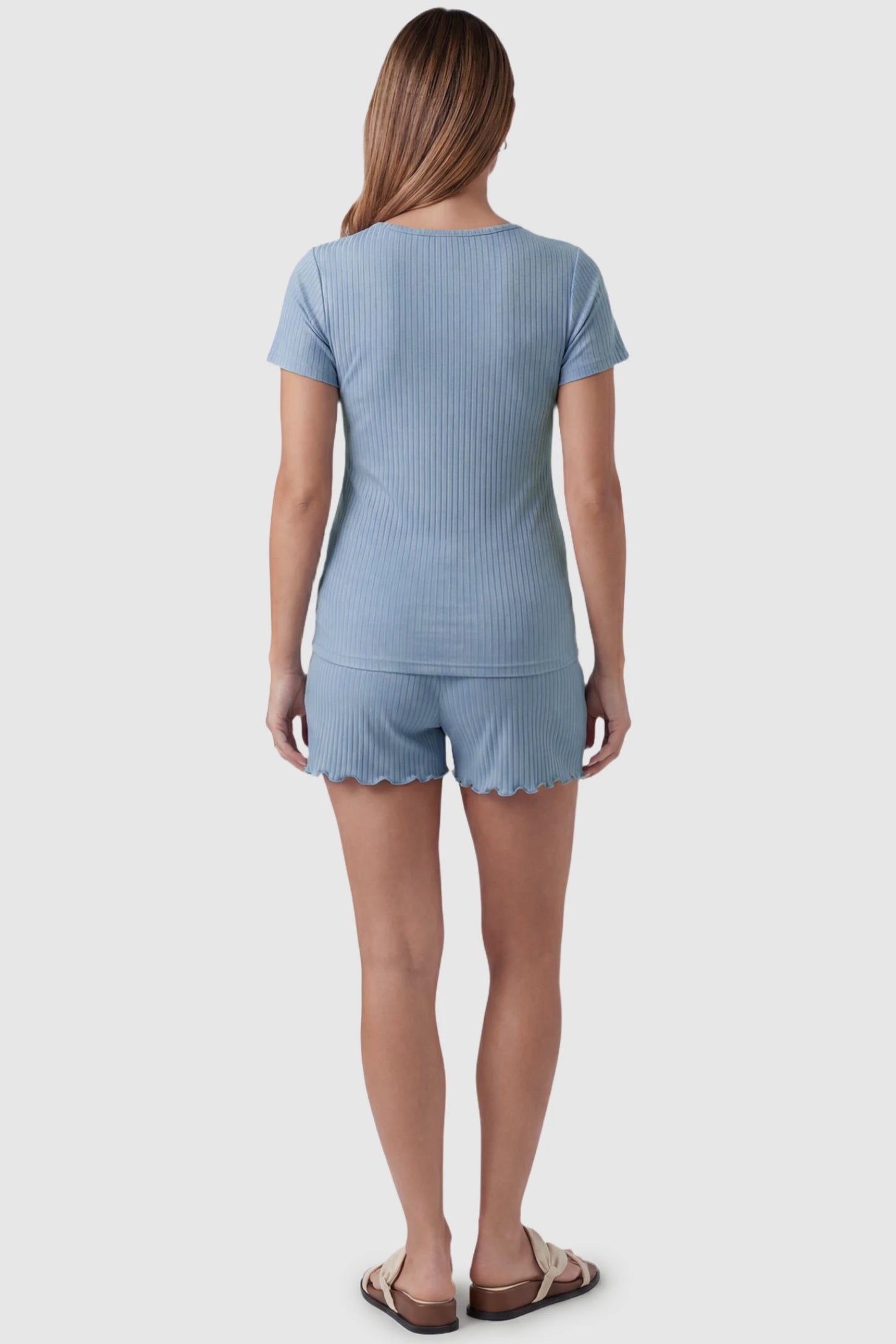 Ribbed Short Sleeve Top & Drawstring Shorts Maternity Nursing Lounge Set Ribbed Short Sleeve Top & Drawstring Shorts Maternity Nursing Lounge Set in Blue featuring seamless back design on a pregnant model, back view.