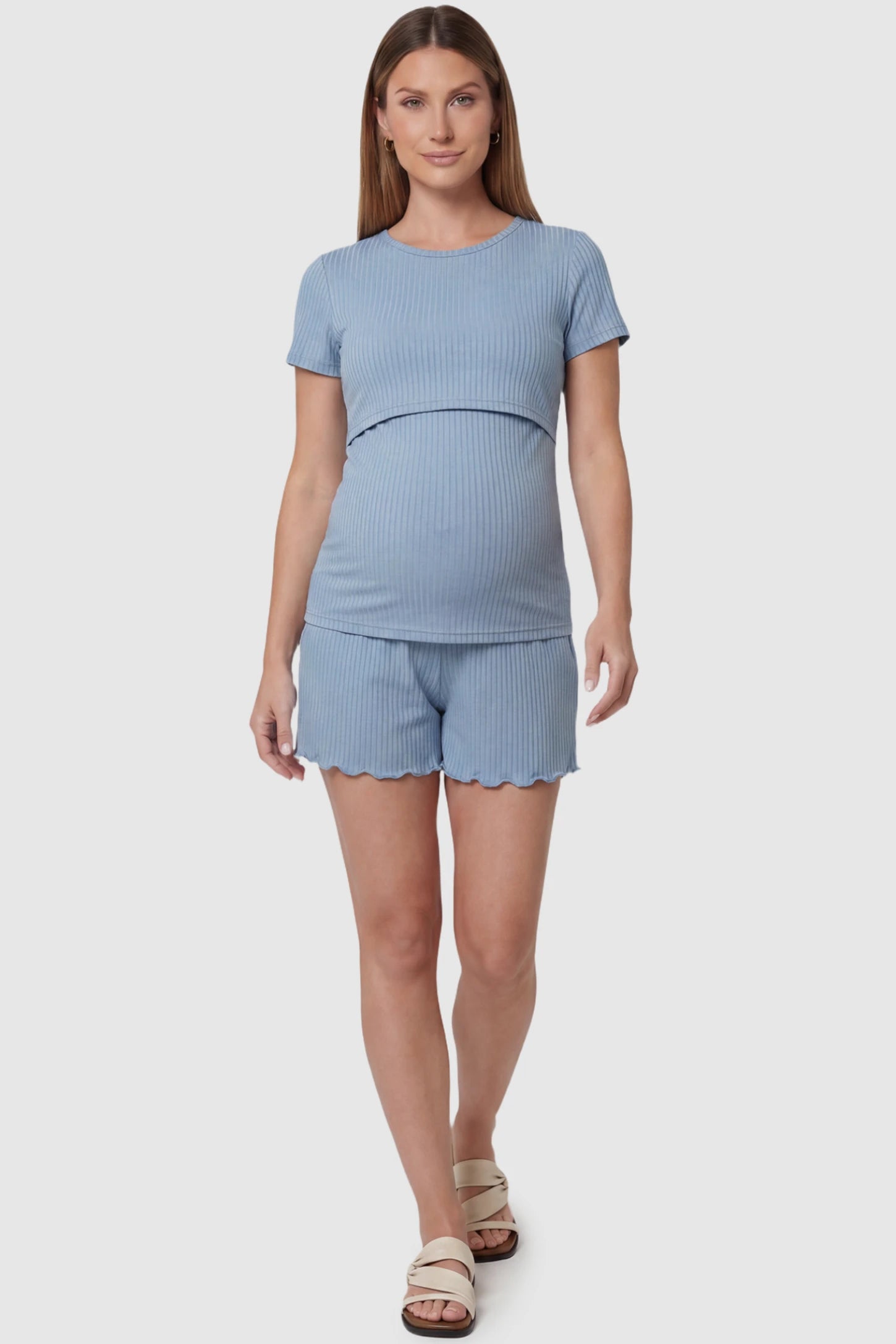 Ribbed Short Sleeve Top & Drawstring Shorts Maternity Nursing Lounge Set in Blue featuring lift-up nursing layers on a pregnant model, front view.