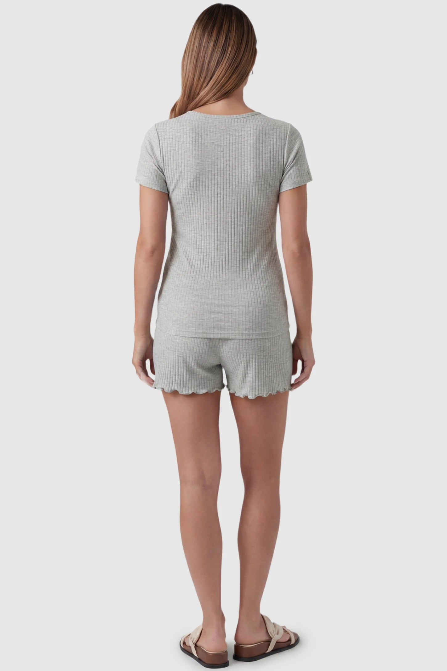 Ribbed Short Sleeve Top & Drawstring Shorts Maternity Nursing Lounge Set Ribbed Short Sleeve Top & Drawstring Shorts Maternity Nursing Lounge Set in Gray featuring seamless back design on a pregnant model, back view.