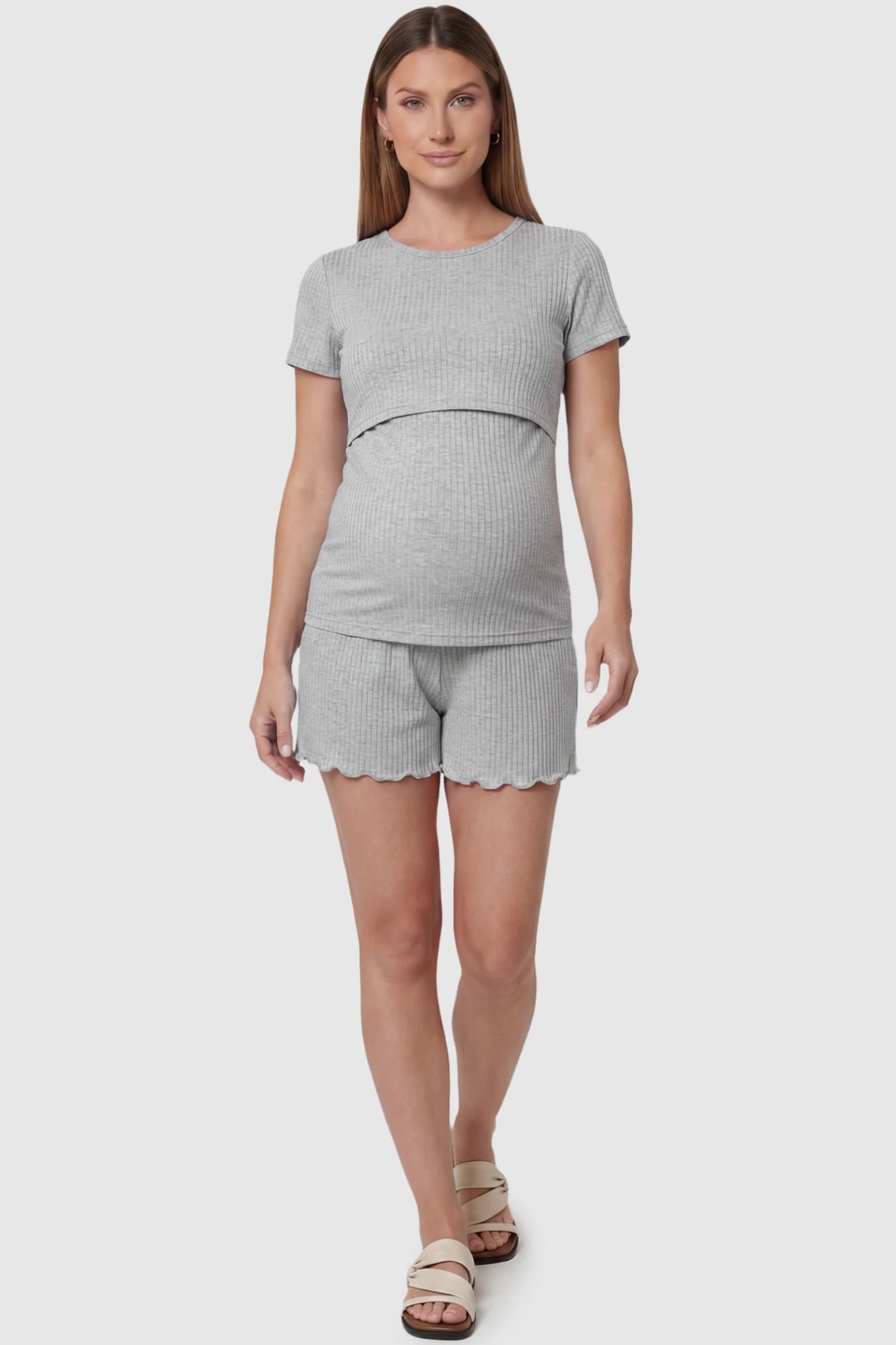Ribbed Short Sleeve Top & Drawstring Shorts Maternity Nursing Lounge Set Ribbed Short Sleeve Top & Drawstring Shorts Maternity Nursing Lounge Set in gray featuring lift-up nursing layers on a pregnant model, front view.