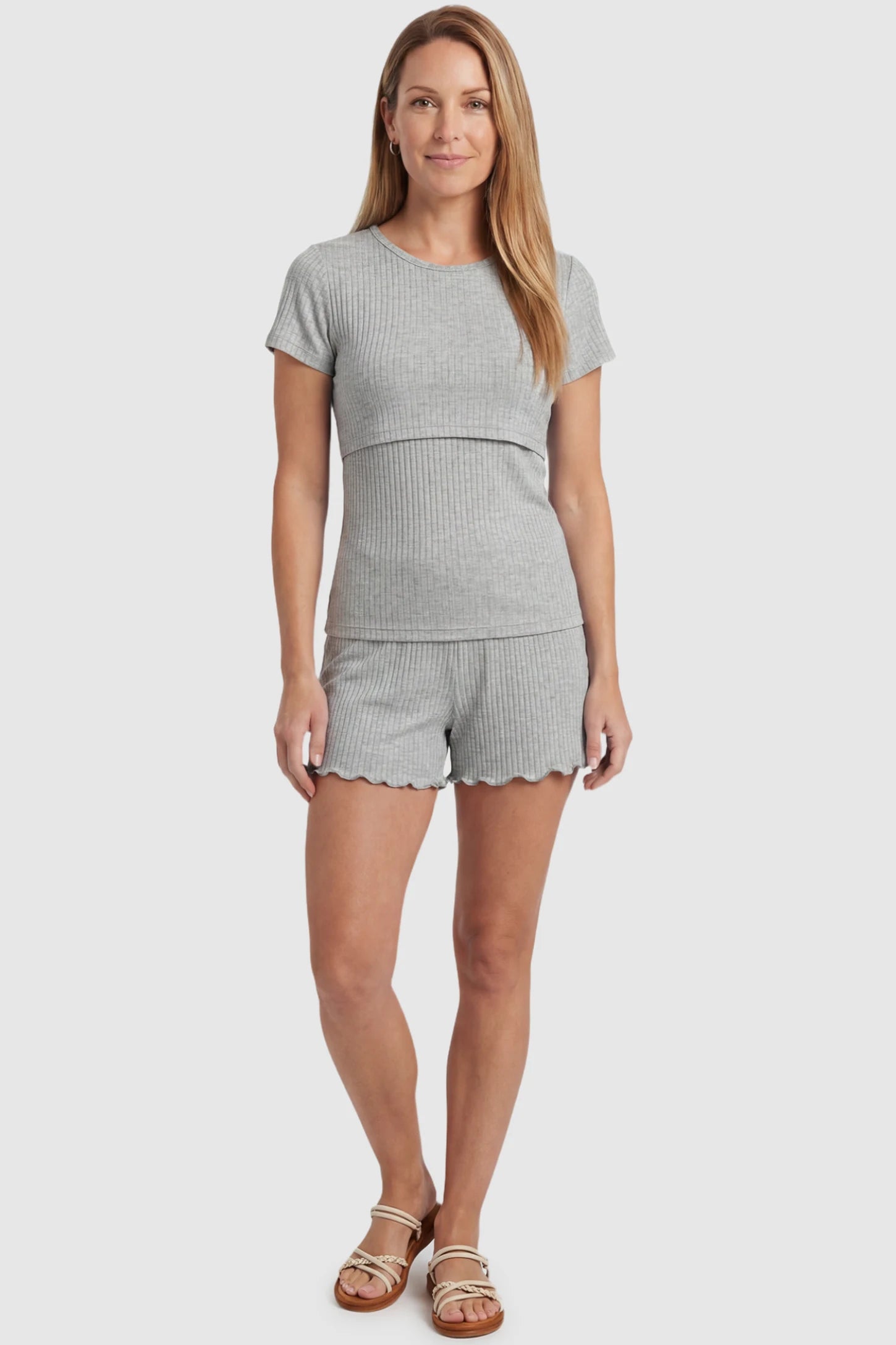 Ribbed Short Sleeve Top & Drawstring Shorts Maternity Nursing Lounge Set Ribbed Short Sleeve Top & Drawstring Shorts Maternity Nursing Lounge Set in gray featuring lift-up nursing layers on a postpartum model, front view.