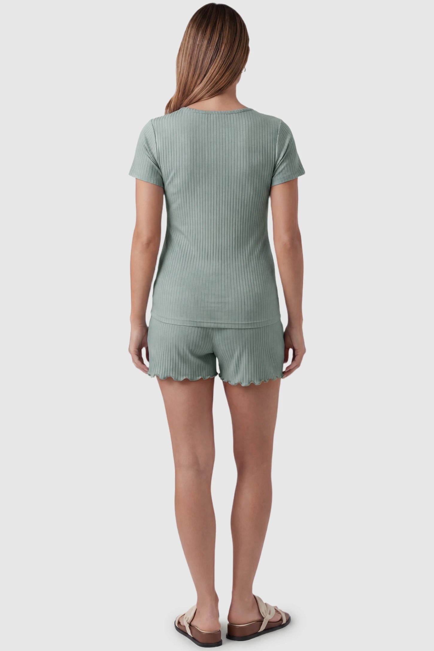 Ribbed Short Sleeve Top & Drawstring Shorts Maternity Nursing Lounge Set Ribbed Short Sleeve Top & Drawstring Shorts Maternity Nursing Lounge Set in Green featuring seamless back design on a pregnant model, back view.
