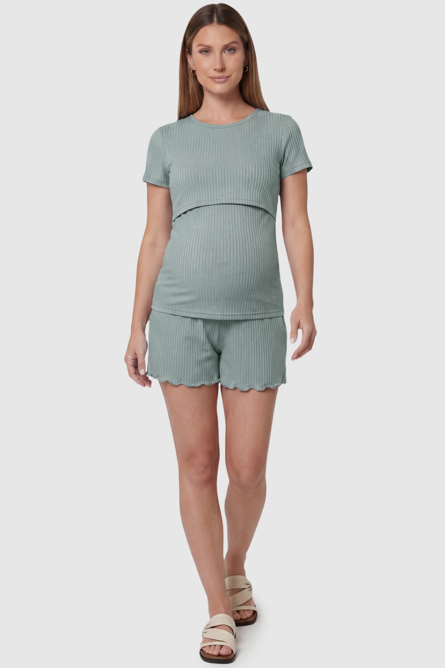 Ribbed Short Sleeve Top & Drawstring Shorts Maternity Nursing Lounge Set Ribbed Short Sleeve Top & Drawstring Shorts Maternity Nursing Lounge Set in green featuring lift-up nursing layers on a pregnant model, front view.