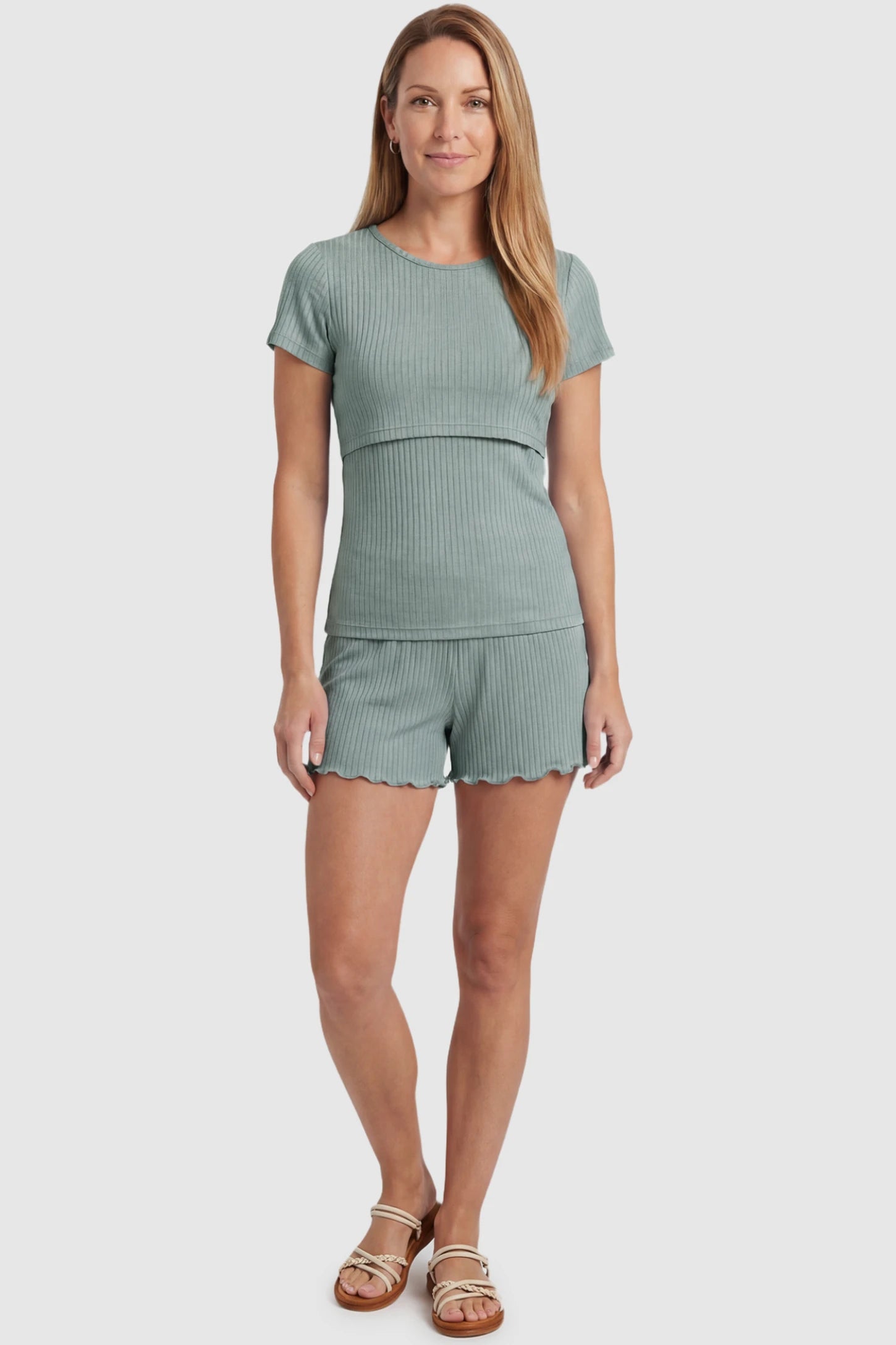 Ribbed Short Sleeve Top & Drawstring Shorts Maternity Nursing Lounge Set Ribbed Short Sleeve Top & Drawstring Shorts Maternity Nursing Lounge Set in green featuring lift-up nursing layers on a postpartum model, front view.