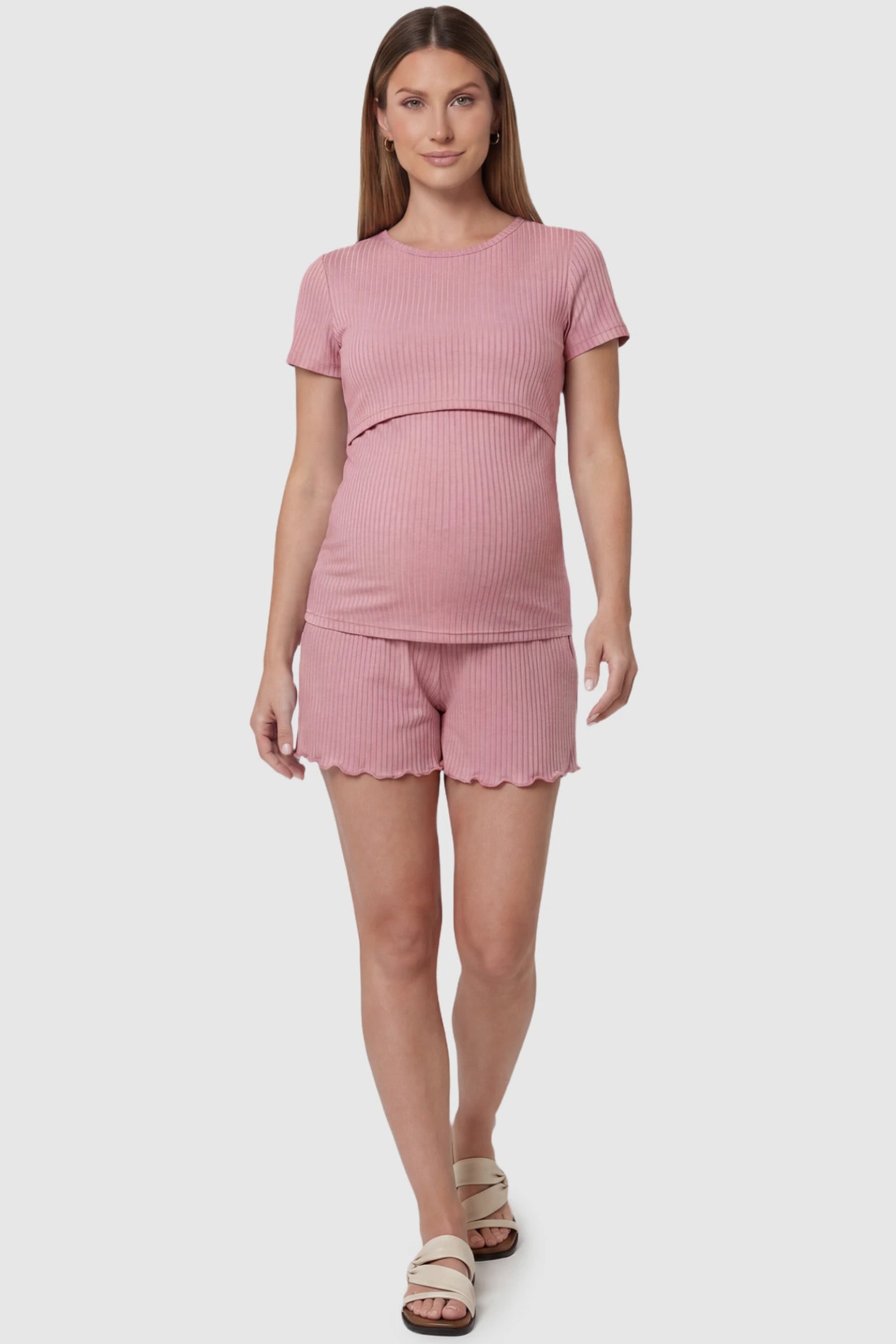 Ribbed Short Sleeve Top & Drawstring Shorts Maternity Nursing Lounge Set Ribbed Short Sleeve Top & Drawstring Shorts Maternity Nursing Lounge Set in pink featuring lift-up nursing layers on a pregnant model, front view.