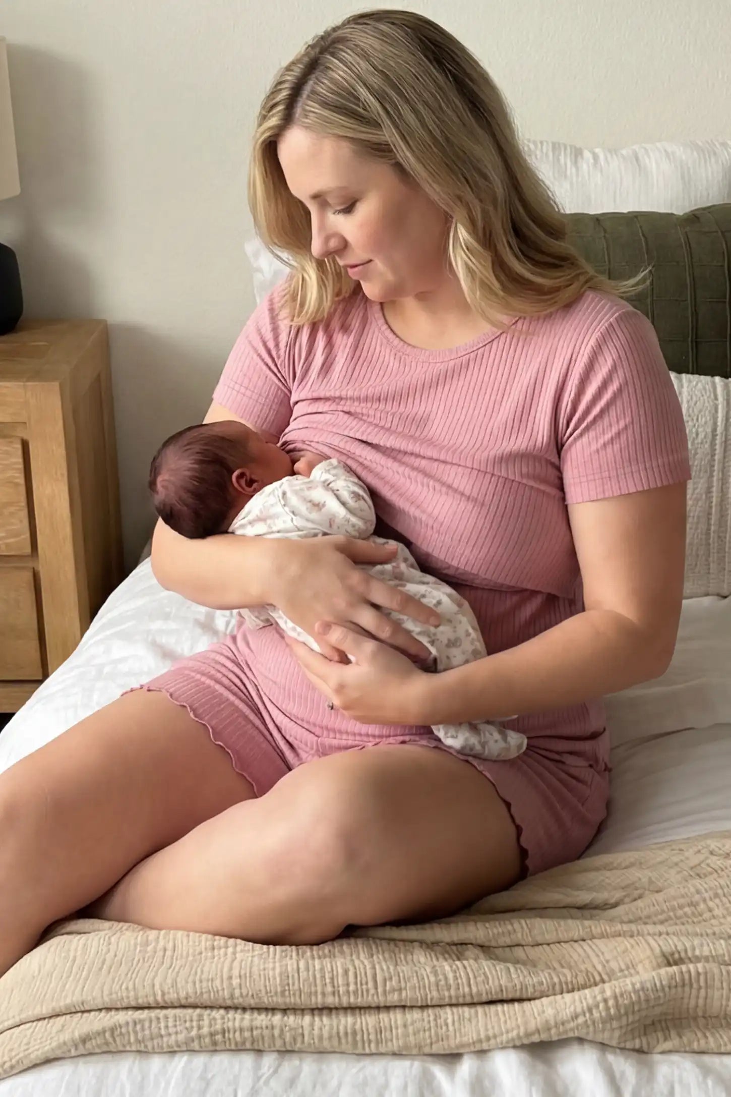 Ribbed Short Sleeve Top & Drawstring Shorts Maternity Nursing Lounge Set Ribbed Maternity and Nursing Pajama Set in pink featuring functional lift-up nursing layers while breastfeeding a newborn, front view.
