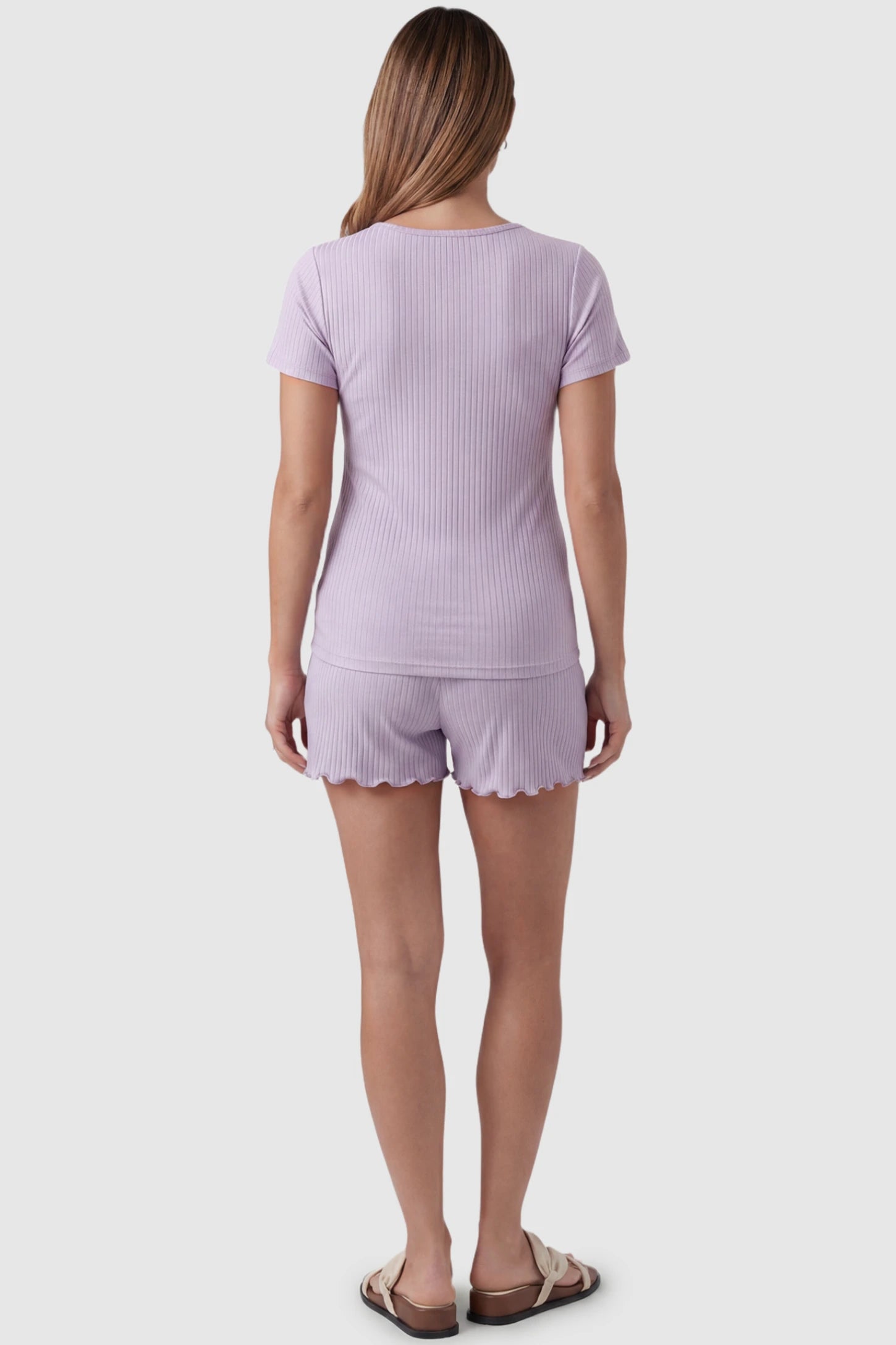 Ribbed Short Sleeve Top & Drawstring Shorts Maternity Nursing Lounge Set Ribbed Short Sleeve Top & Drawstring Shorts Maternity Nursing Lounge Set in Purple featuring seamless back design on a pregnant model, back view.