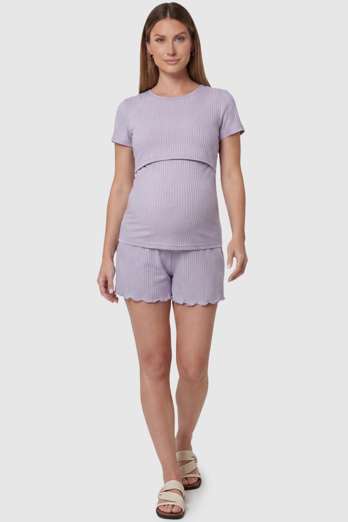 Ribbed Short Sleeve Top & Drawstring Shorts Maternity Nursing Lounge Set Ribbed Short Sleeve Top & Drawstring Shorts Maternity Nursing Lounge Set in purple featuring lift-up nursing layers on a pregnant model, front view.