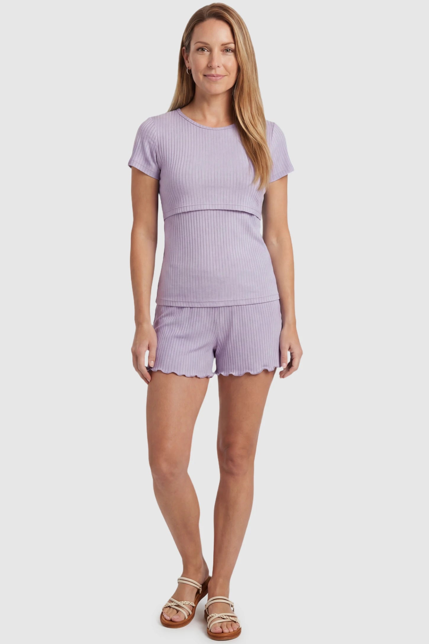 Ribbed Short Sleeve Top & Drawstring Shorts Maternity Nursing Lounge Set Ribbed Short Sleeve Top & Drawstring Shorts Maternity Nursing Lounge Set in purple featuring lift-up nursing layers on a postpartum model, front view.