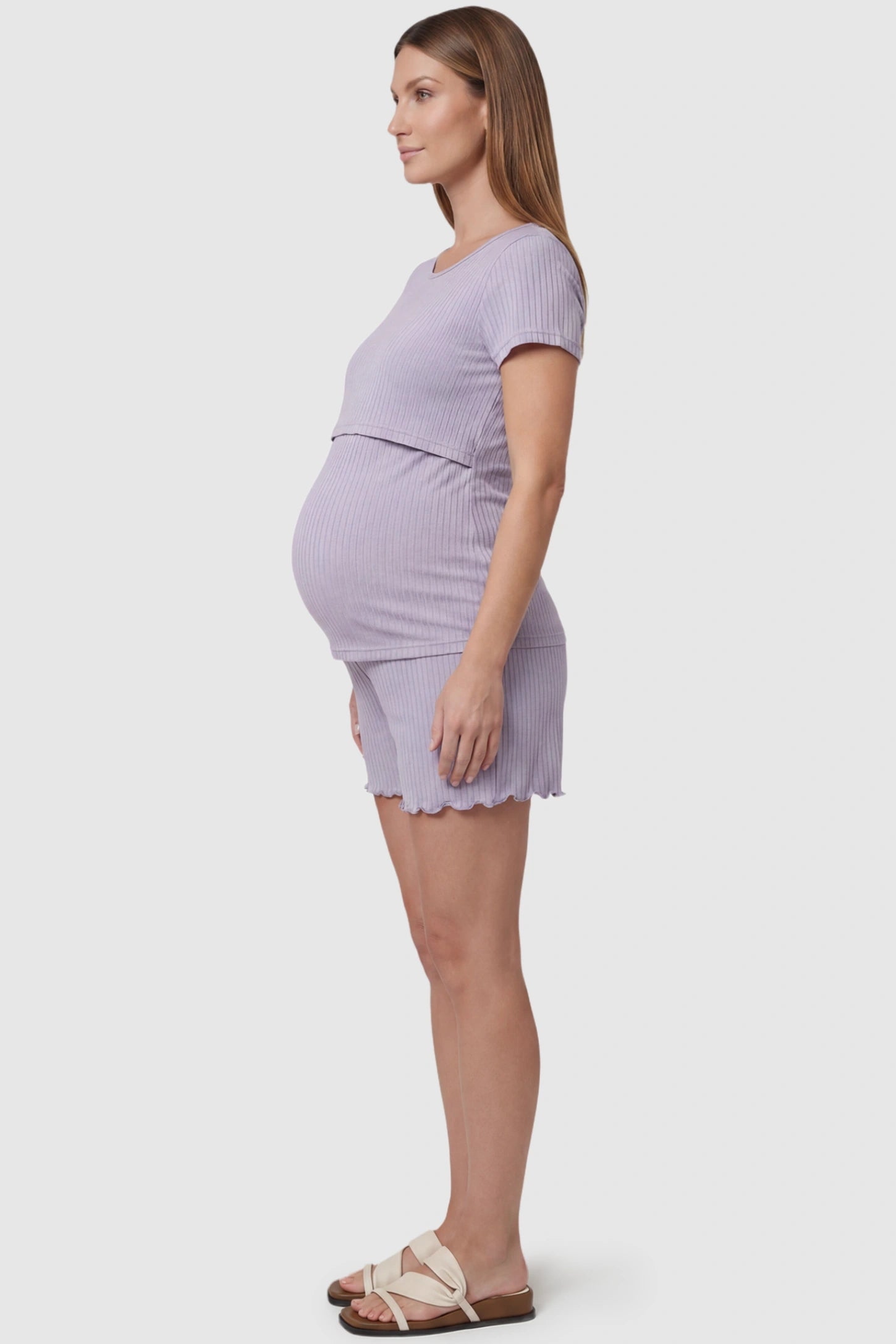 Ribbed Short Sleeve Top & Drawstring Shorts Maternity Nursing Lounge Set Ribbed Short Sleeve Top & Drawstring Shorts Maternity Nursing Lounge Set in purple featuring lift-up nursing layers on a pregnant model, side view.