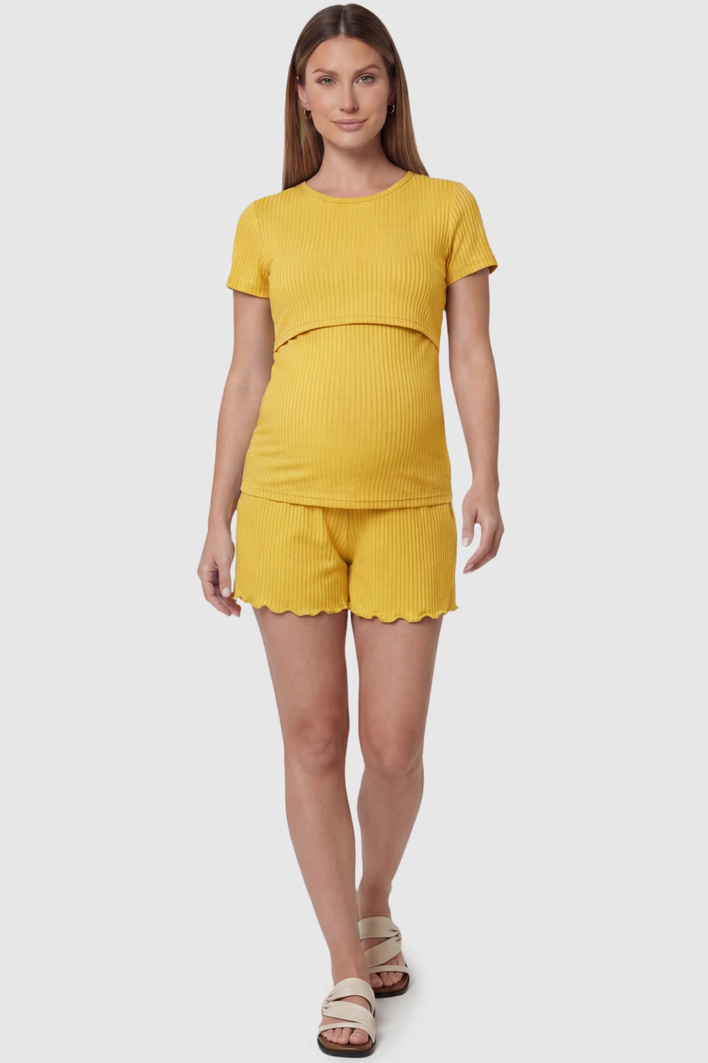 Ribbed Short Sleeve Top & Drawstring Shorts Maternity Nursing Lounge Set Ribbed Short Sleeve Top & Drawstring Shorts Maternity Nursing Lounge Set in yellow featuring lift-up nursing layers on a pregnant model, front view.