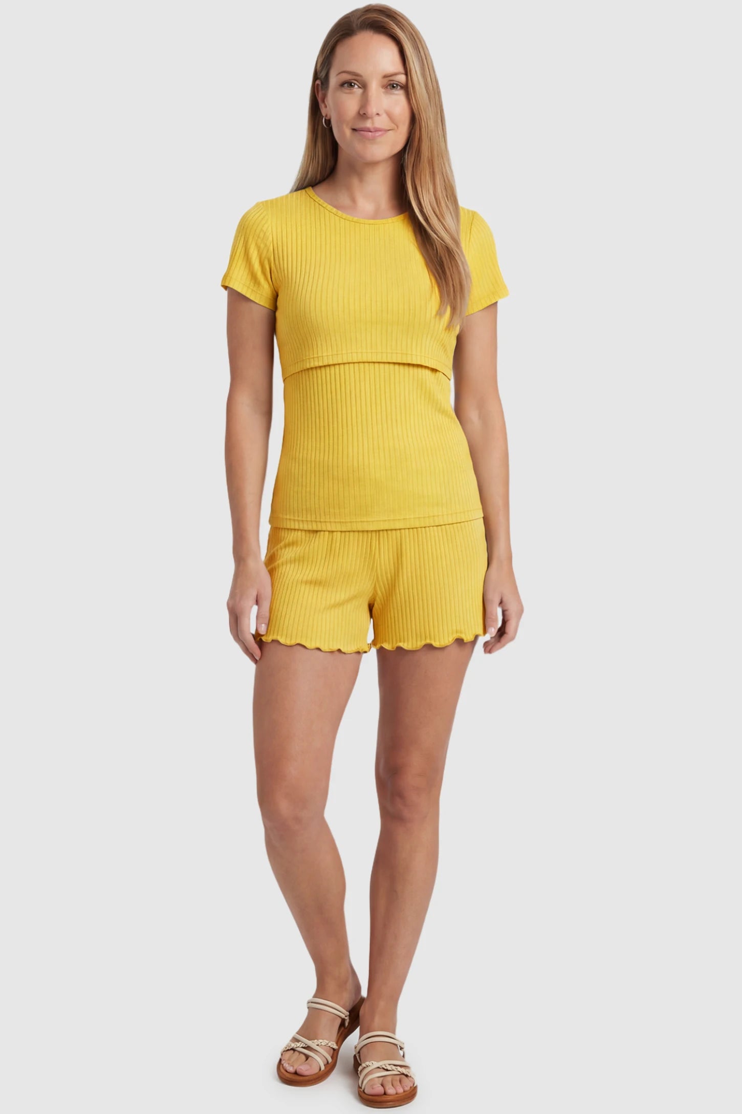 Ribbed Short Sleeve Top & Drawstring Shorts Maternity Nursing Lounge Set Ribbed Short Sleeve Top & Drawstring Shorts Maternity Nursing Lounge Set in yellow featuring lift-up nursing layers on a postpartum model, front view.