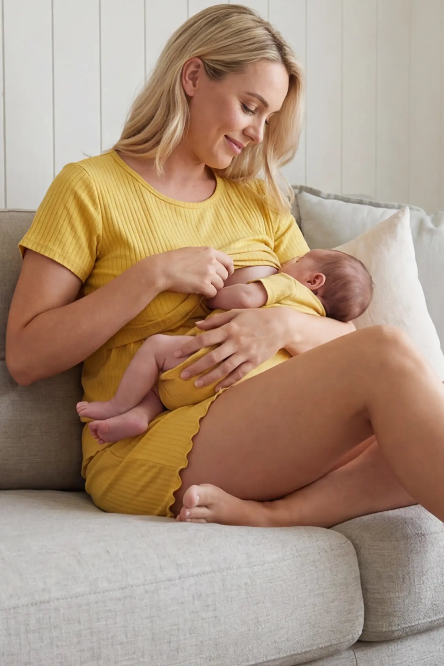 Ribbed Short Sleeve Top & Drawstring Shorts Maternity Nursing Lounge Set Ribbed Maternity and Nursing Pajama Set in yellow featuring functional lift-up nursing layers while breastfeeding a newborn, side view.