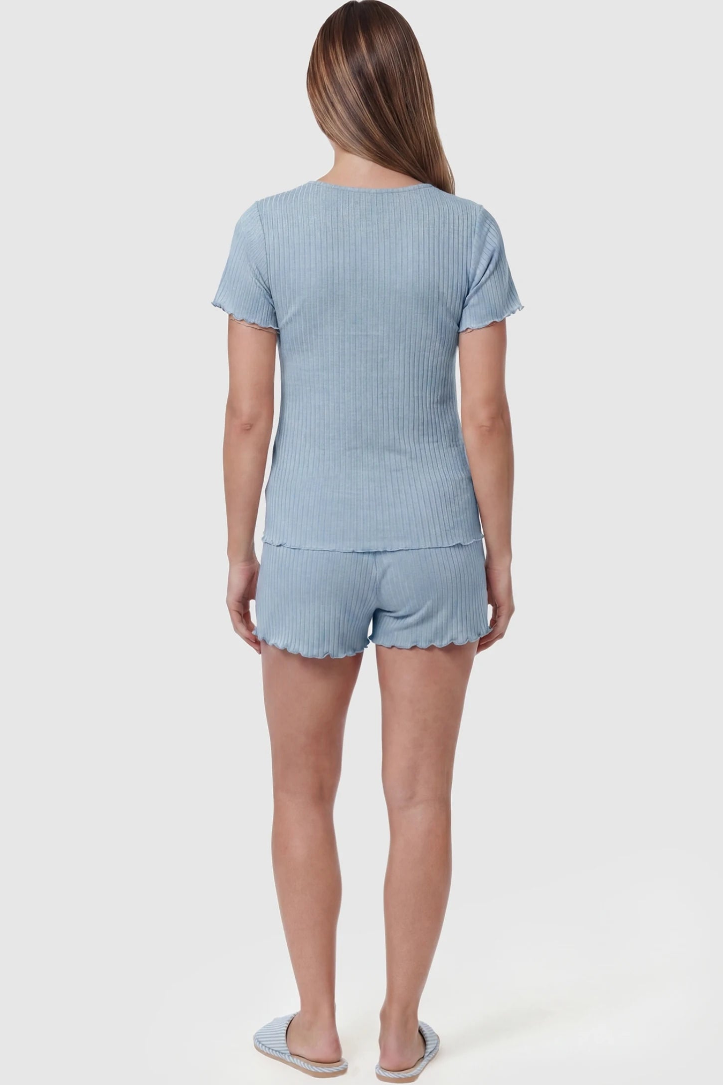 Ribbed Short Sleeve & Drawstring Shorts Maternity Pajama Set Ribbed Short Sleeve & Drawstring Shorts Maternity Pajama Set in Blue featuring a lettuce-edge ribbed knit on a pregnant model, back view.