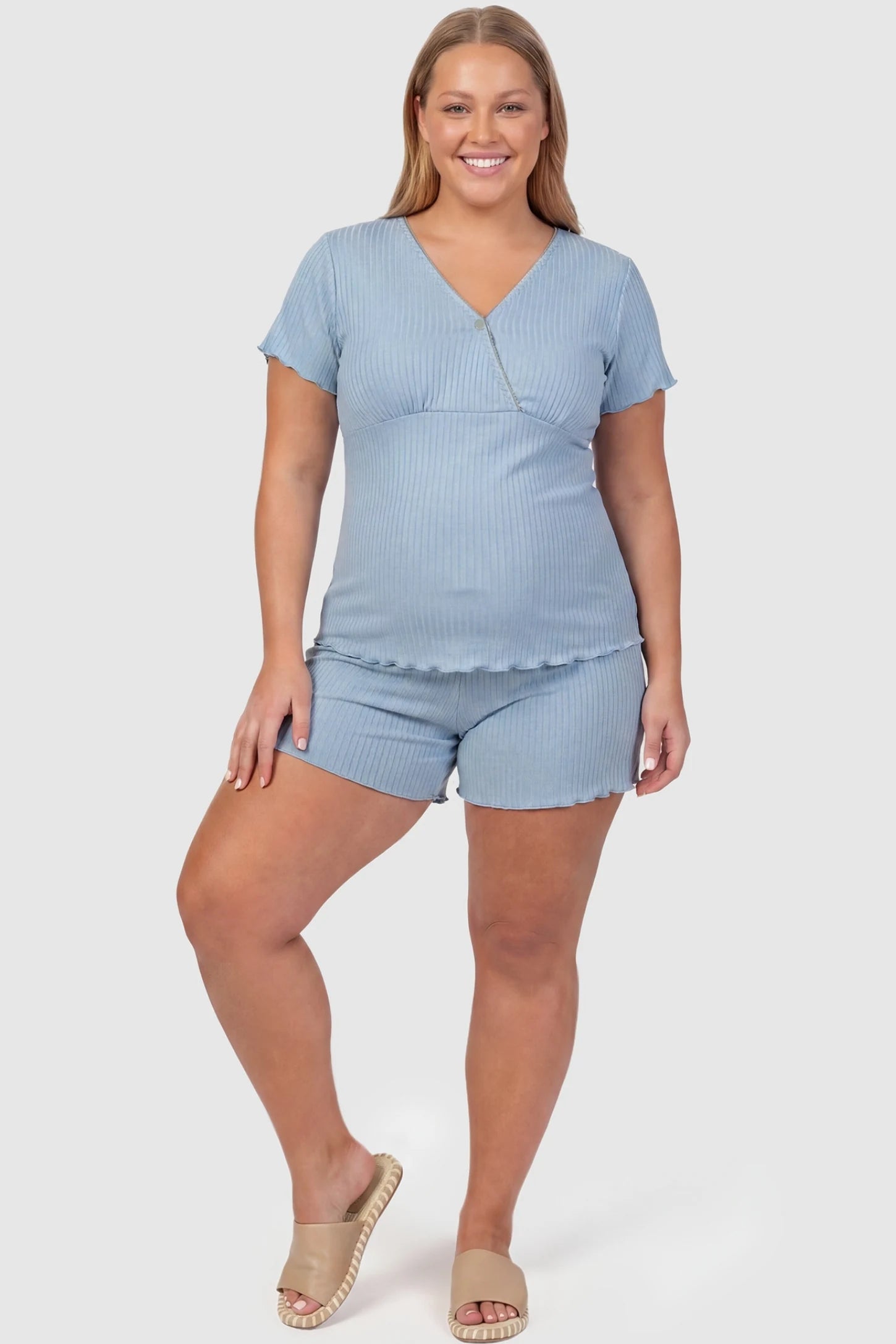 Ribbed Short Sleeve & Drawstring Shorts Maternity Pajama Set Ribbed Short Sleeve & Drawstring Shorts Maternity Pajama Set in Blue featuring a soft ribbed cross-over top on a non-pregnant model, plus size front view.