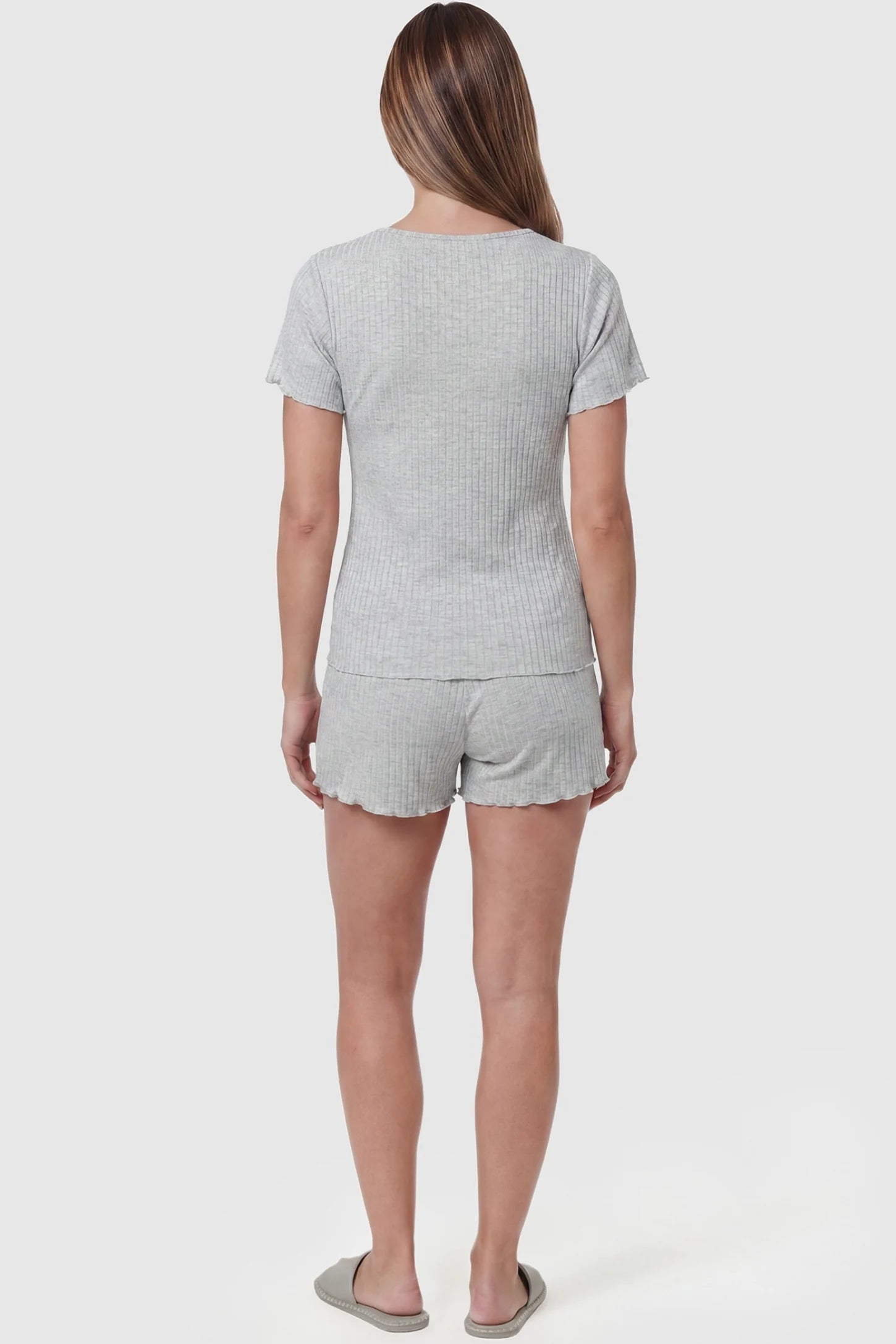 Ribbed Short Sleeve & Drawstring Shorts Maternity Pajama Set Ribbed Short Sleeve & Drawstring Shorts Maternity Pajama Set in Gray featuring a lettuce-edge ribbed knit on a pregnant model, back view.