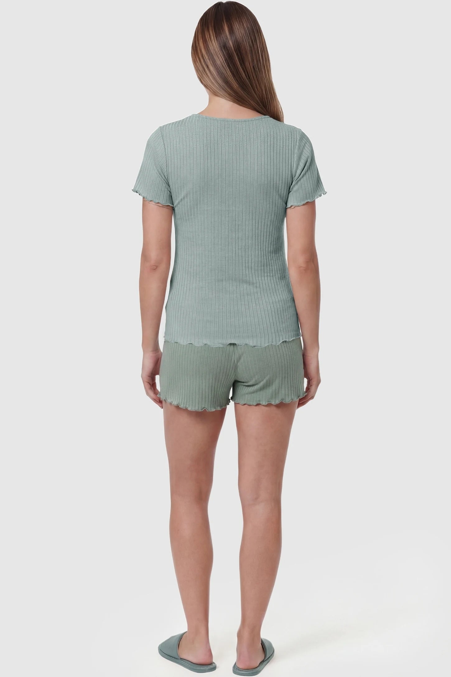 Ribbed Short Sleeve & Drawstring Shorts Maternity Pajama Set Ribbed Short Sleeve & Drawstring Shorts Maternity Pajama Set in Green featuring a lettuce-edge ribbed knit on a pregnant model, back view.