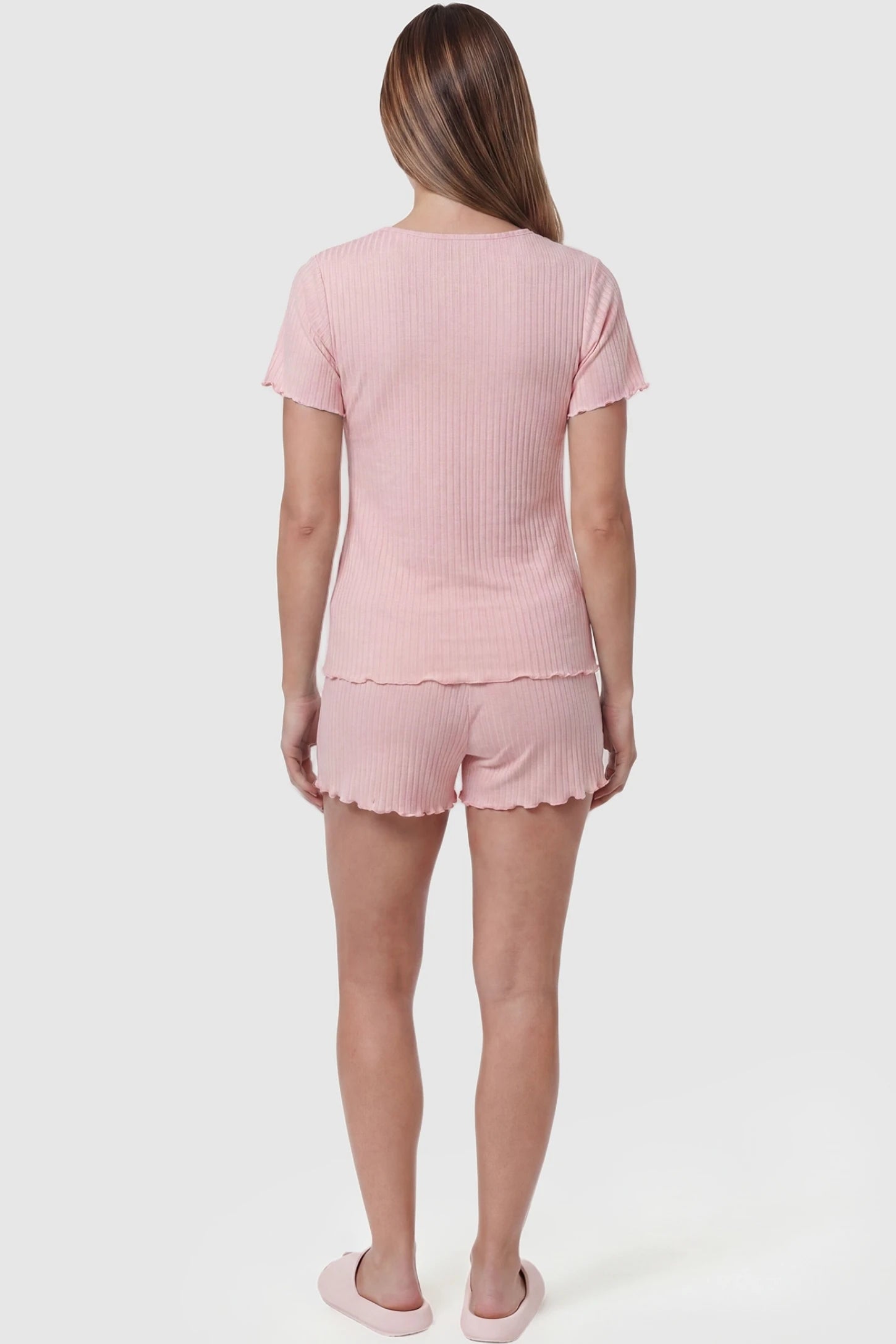 Ribbed Short Sleeve & Drawstring Shorts Maternity Pajama Set Ribbed Short Sleeve & Drawstring Shorts Maternity Pajama Set in Pink featuring a lettuce-edge ribbed knit on a pregnant model, back view.
