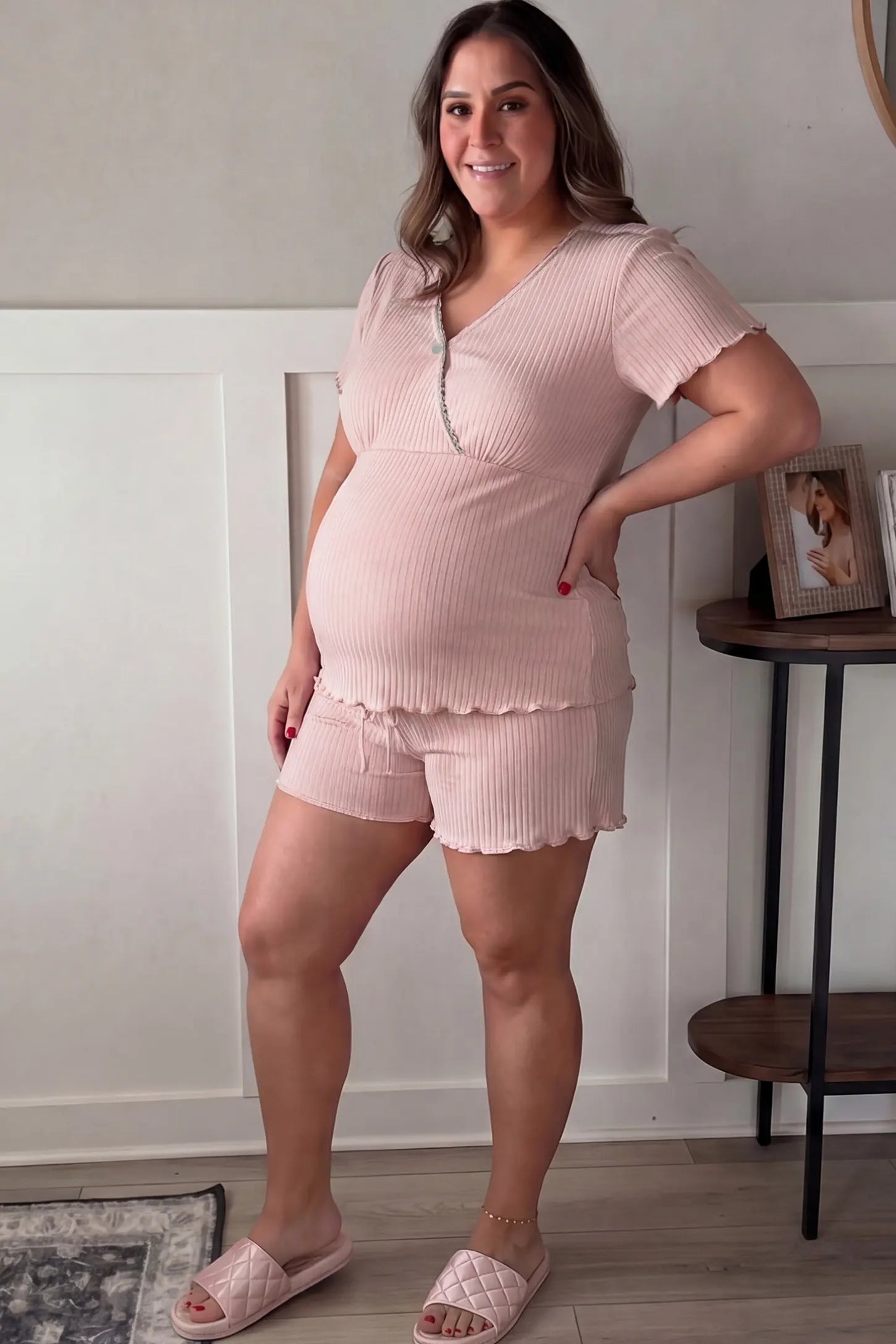 Ribbed Short Sleeve & Drawstring Shorts Maternity Pajama Set Ribbed Short Sleeve & Drawstring Shorts Maternity Pajama Set in Pink featuring a relaxed drawstring short with newborn on a pregnant model, UGC view.