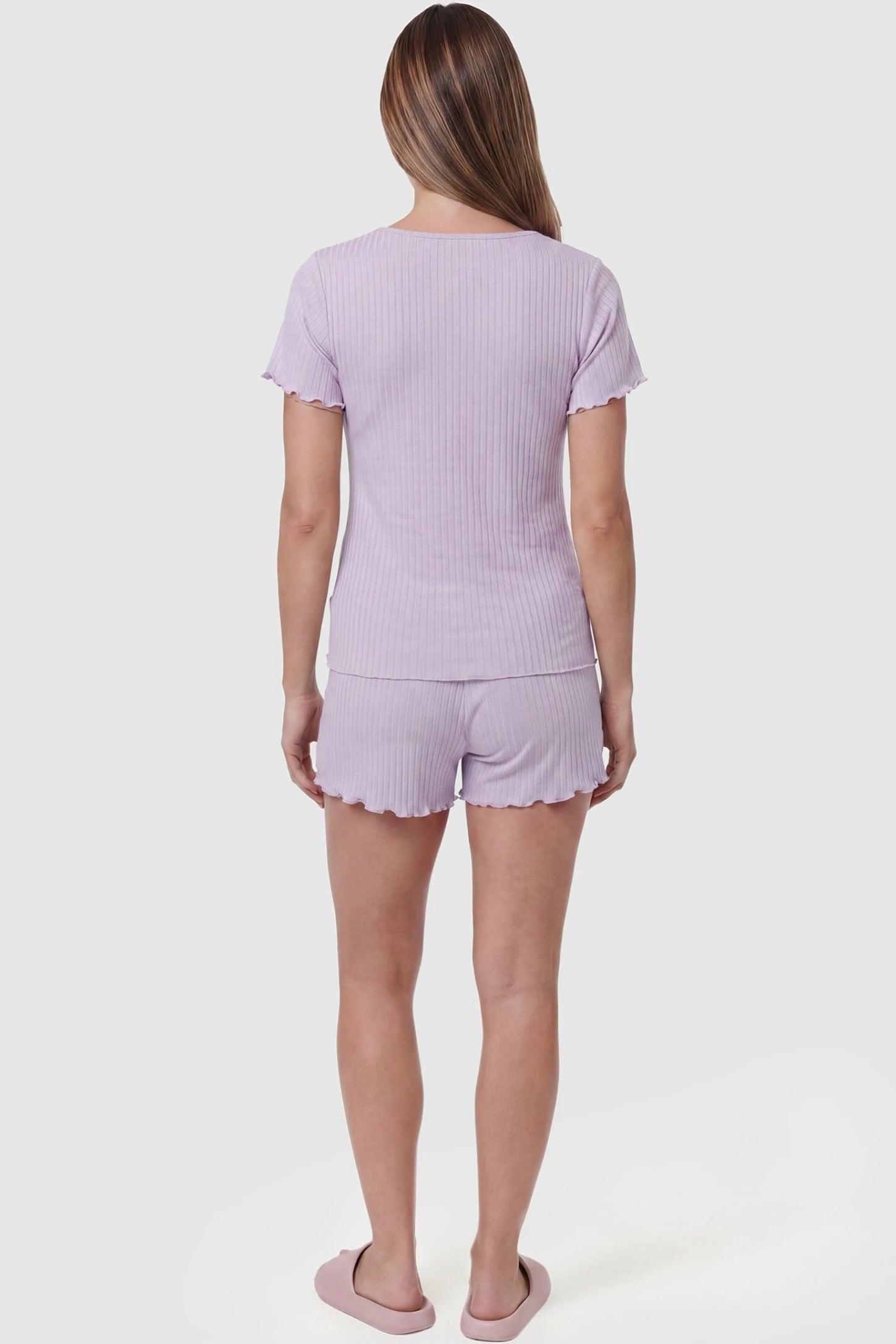 Ribbed Short Sleeve & Drawstring Shorts Maternity Pajama Set Ribbed Short Sleeve & Drawstring Shorts Maternity Pajama Set in Purple featuring a lettuce-edge ribbed knit on a pregnant model, back view.