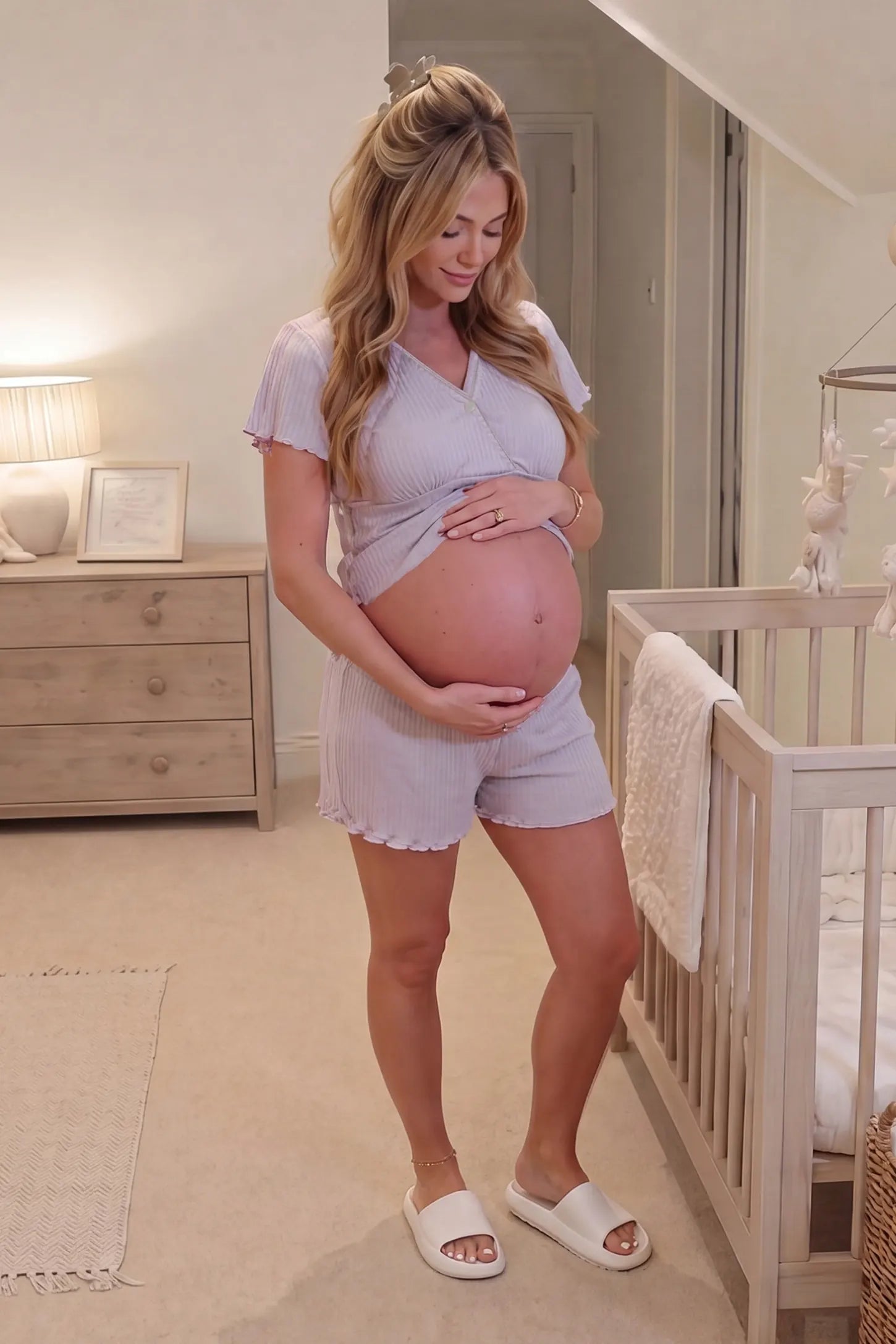 Ribbed Short Sleeve & Drawstring Shorts Maternity Pajama Set Ribbed Short Sleeve & Drawstring Shorts Maternity Pajama Set in Purple featuring a scalloped hem with drawstring waist on a pregnant model, UGC view.