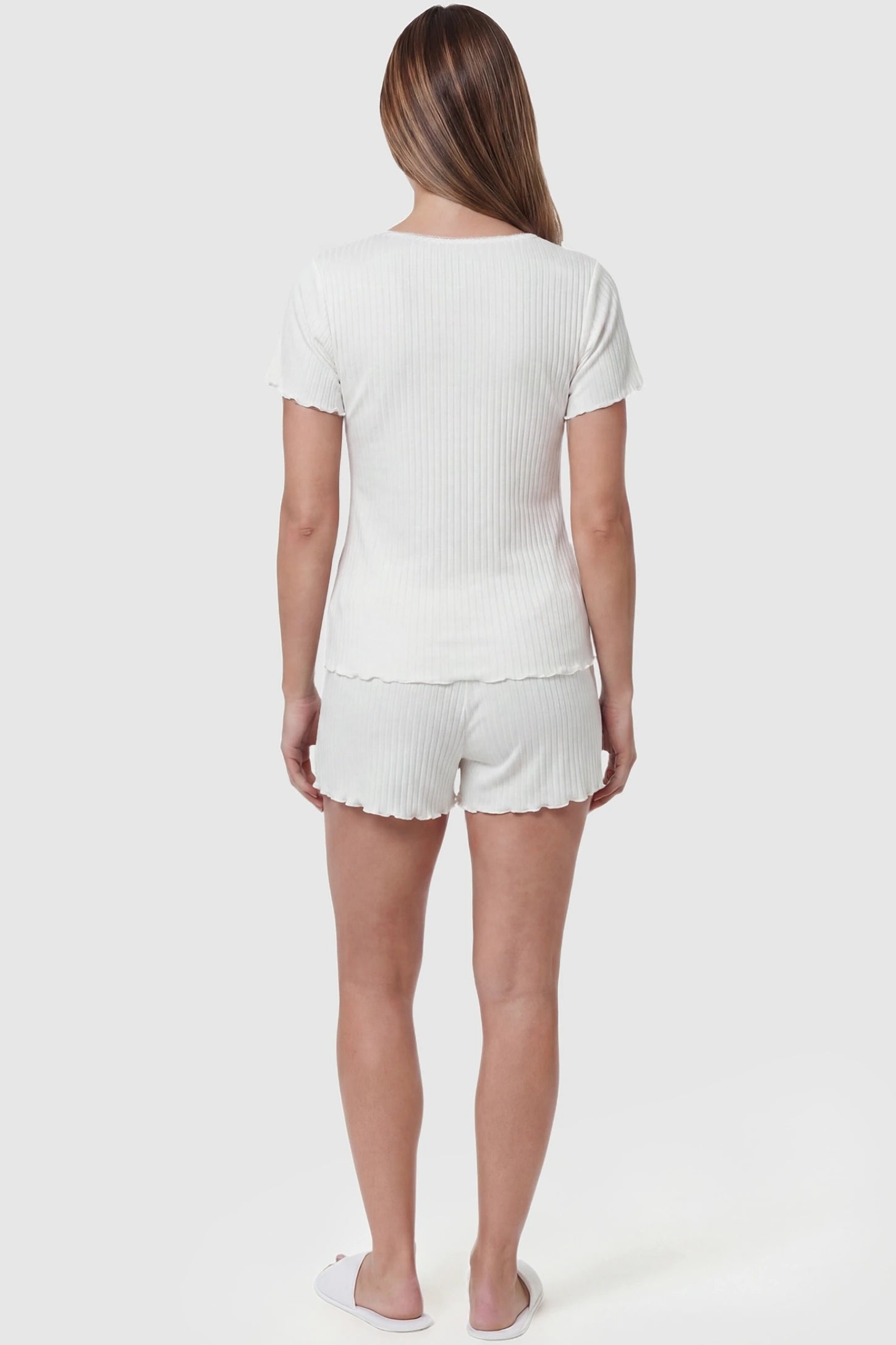 Ribbed Short Sleeve & Drawstring Shorts Maternity Pajama Set Ribbed Short Sleeve & Drawstring Shorts Maternity Pajama Set in White featuring a lettuce-edge ribbed knit on a pregnant model, back view.