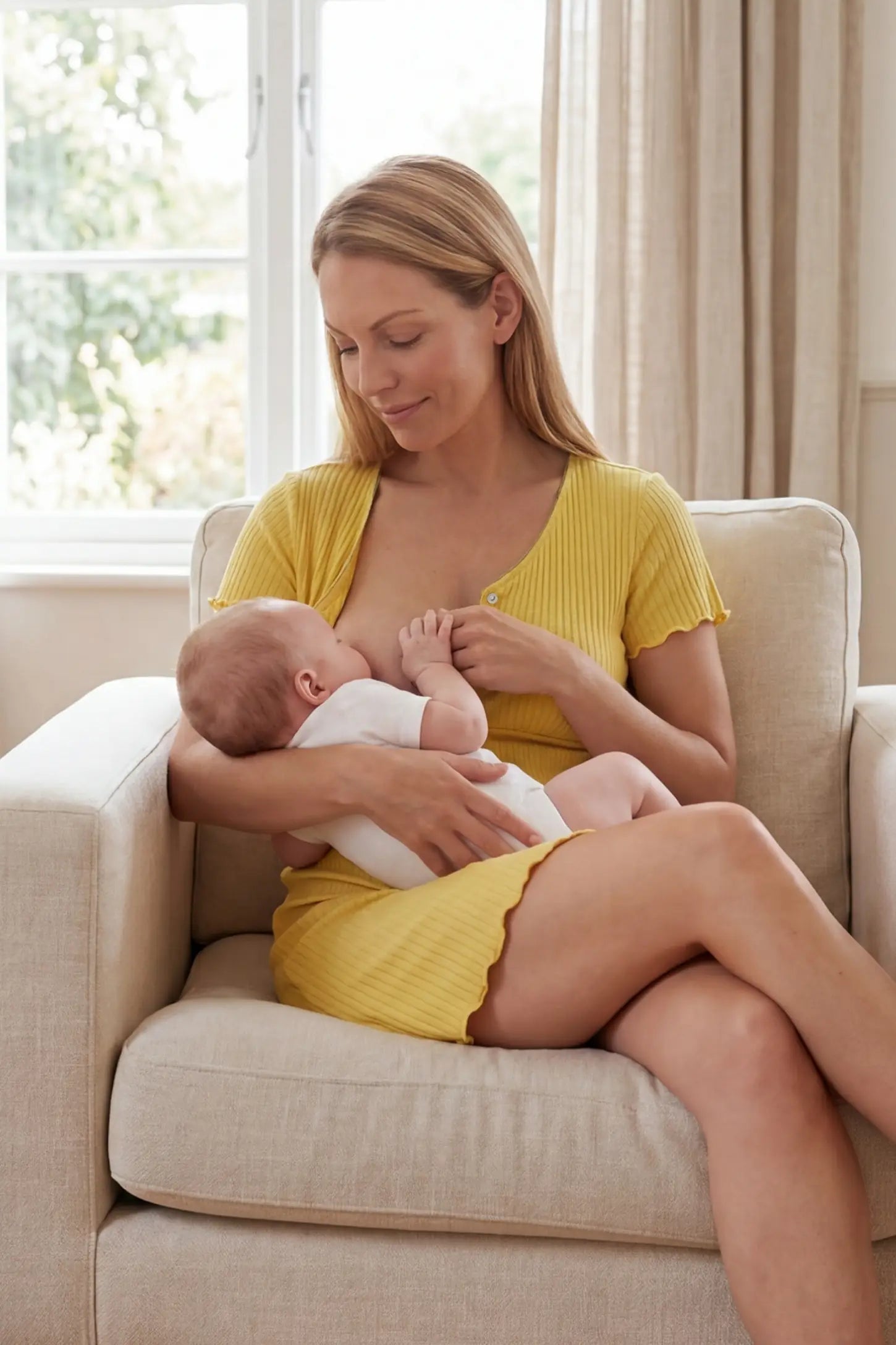 Ribbed Short Sleeve & Drawstring Shorts Maternity Pajama Set Ribbed Short Sleeve & Drawstring Shorts Maternity Pajama Set in Yellow featuring a cozy seated nursing moment on a non-pregnant model, editorial lifestyle view.