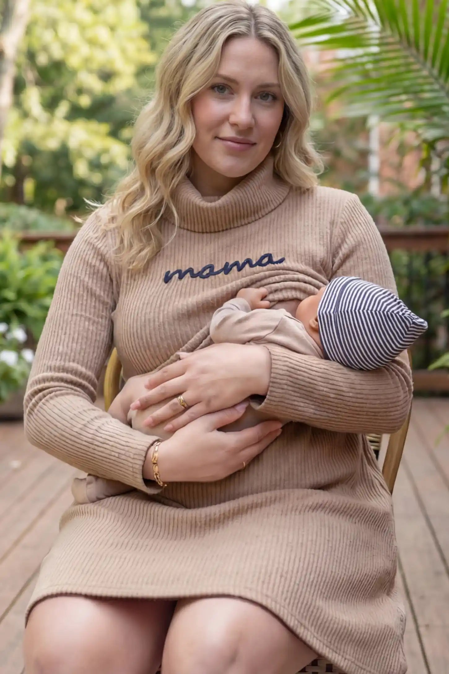 Ribbed Double-Layer Long Sleeve Maternity Nursing Dress Ribbed Double-Layer Turtleneck Maternity Nursing Dress in Brown featuring nursing access on a woman.