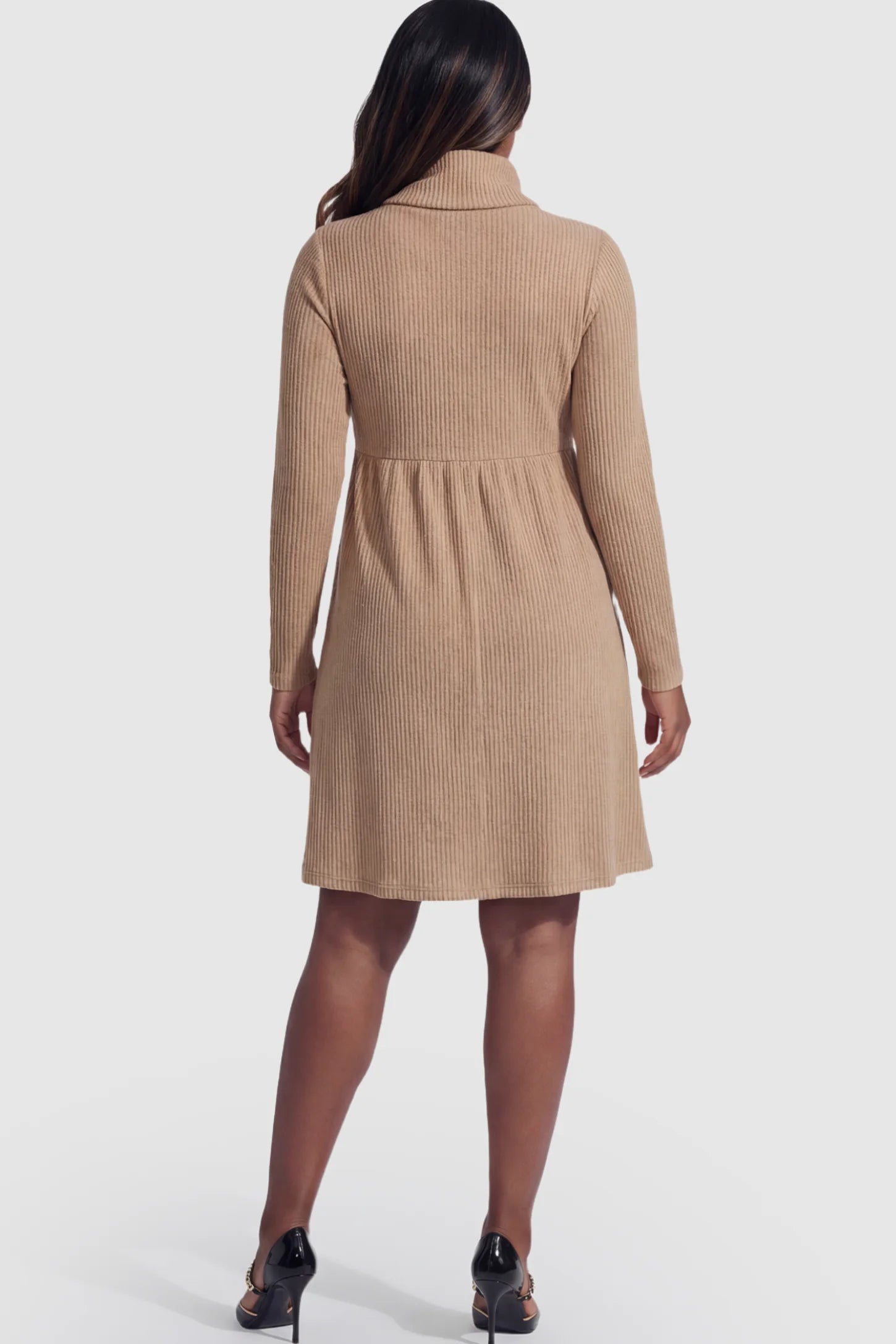 Ribbed Double-Layer Long Sleeve Maternity Nursing Dress Ribbed Double-Layer Turtleneck Maternity Nursing Dress in Brown featuring ribbed knit on a pregnant model showing back.