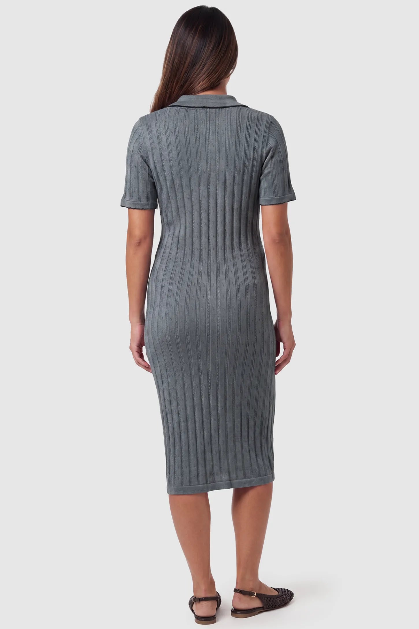 Ribbed Knit Collared Neck Maternity Midi Dress Ribbed Knit Collared Neck Maternity Midi Dress in Gray featuring short sleeves and soft knit high stretch fabric on a pregnant model, back view.