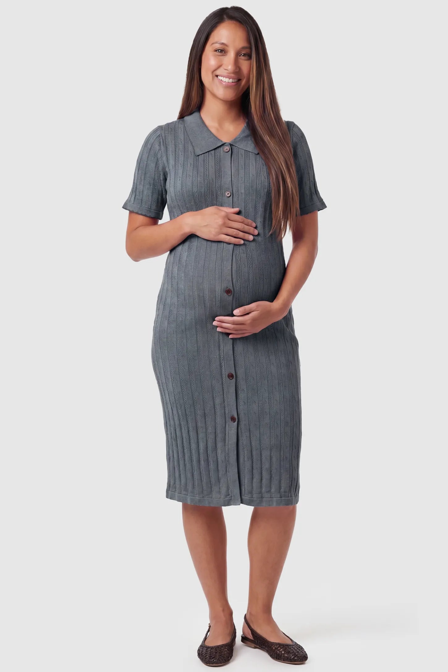 Ribbed Knit Collared Neck Maternity Midi Dress Ribbed Knit Collared Neck Maternity Midi Dress in Gray featuring short sleeves and soft knit high stretch fabric on a pregnant model, front view.