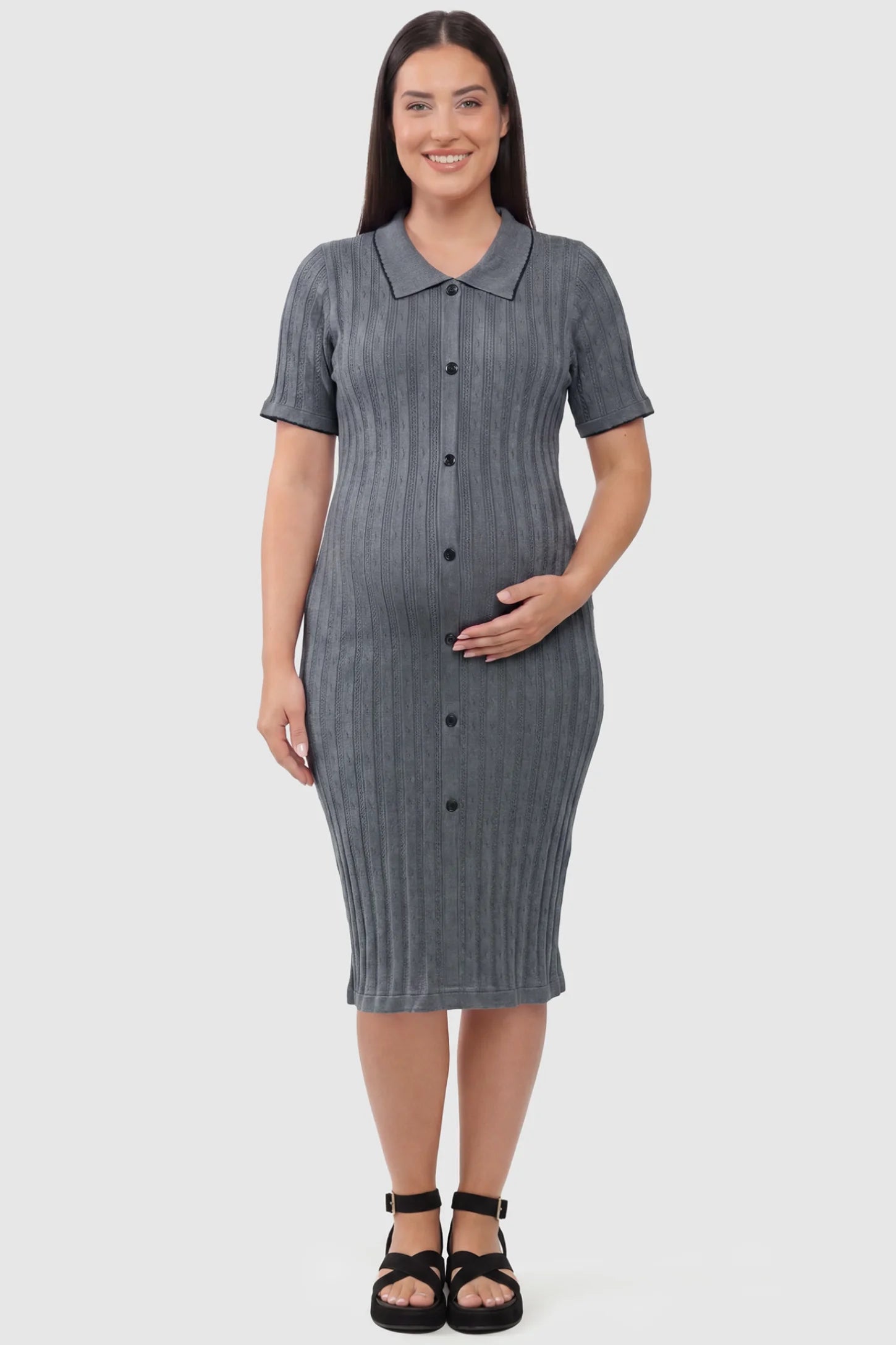 Ribbed Knit Collared Neck Maternity Midi Dress Ribbed Knit Collared Neck Maternity Midi Dress in Gray featuring short sleeves and soft knit high stretch fabric on a plus size pregnant model, front view.