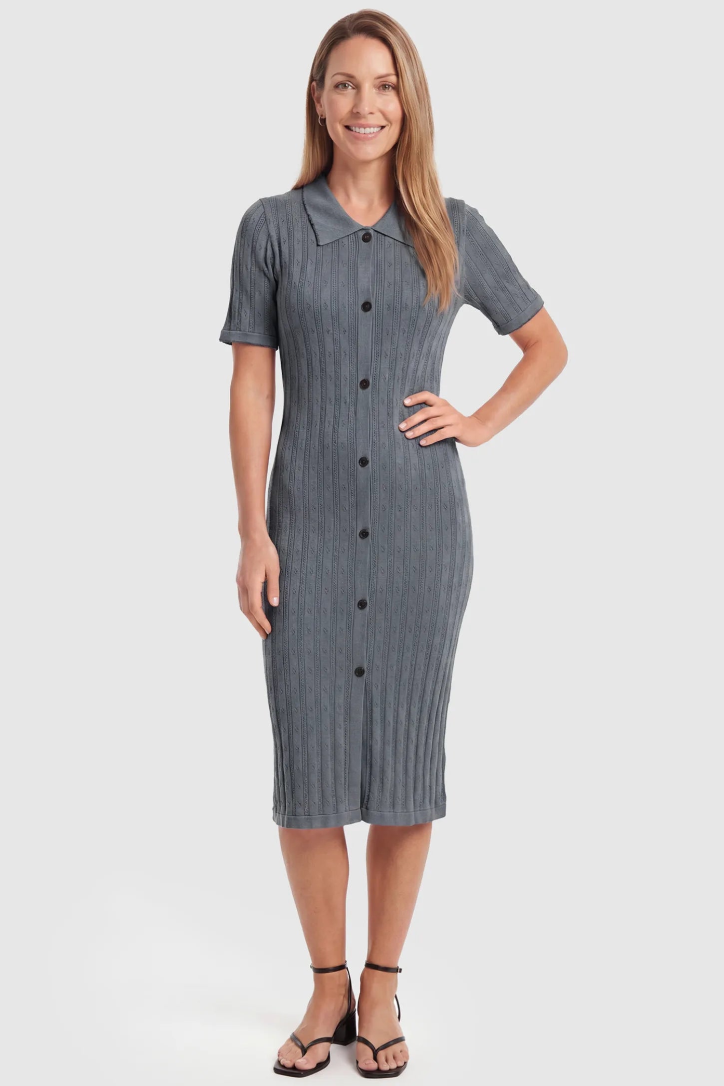 Ribbed Knit Collared Neck Maternity Midi Dress Ribbed Knit Collared Neck Maternity Midi Dress in Gray featuring short sleeves and soft knit high stretch fabric on a postpartum model, front view.