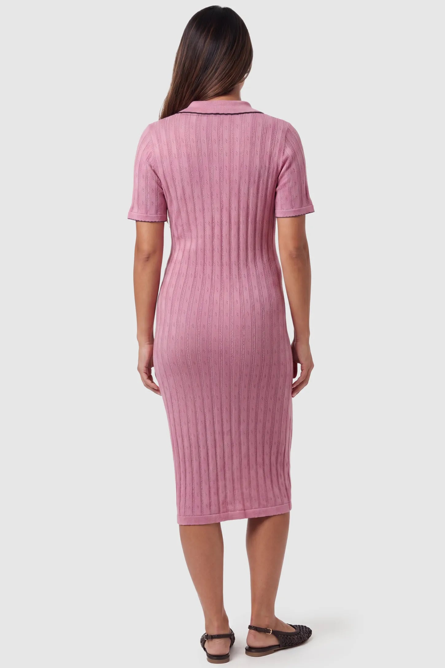 Ribbed Knit Collared Neck Maternity Midi Dress Ribbed Knit Collared Neck Maternity Midi Dress in Pink featuring short sleeves and soft knit high stretch fabric on a pregnant model, back view.