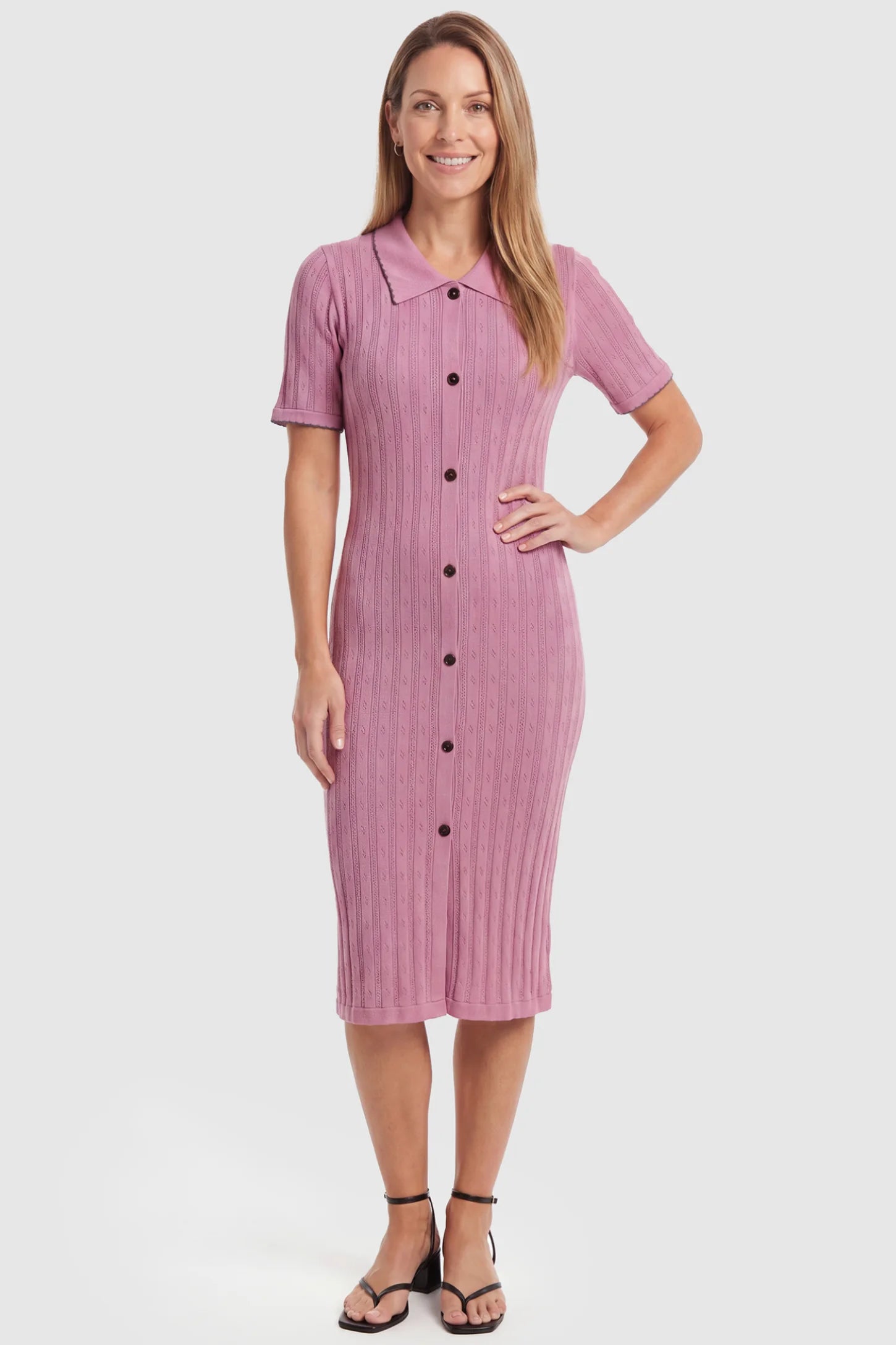 Ribbed Knit Collared Neck Maternity Midi Dress Ribbed Knit Collared Neck Maternity Midi Dress in Pink featuring short sleeves and soft knit high stretch fabric on a postpartum model, front view.