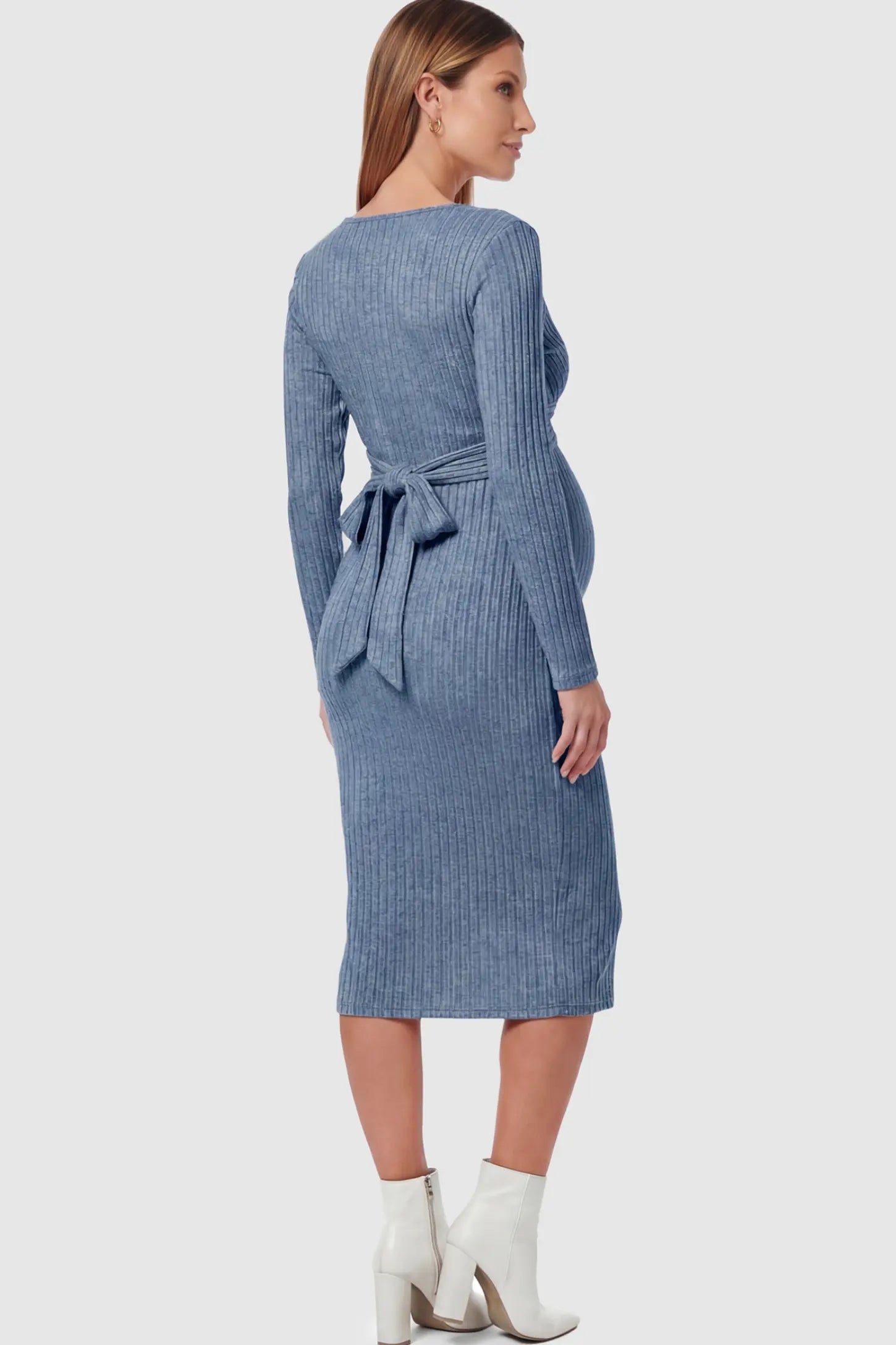 Ribbed Knit Cross Front Fitted Maternity Midi Dress Ribbed Knit Cross Front Fitted Maternity Midi Dress in Blue featuring a back waist-tie on a pregnant model.