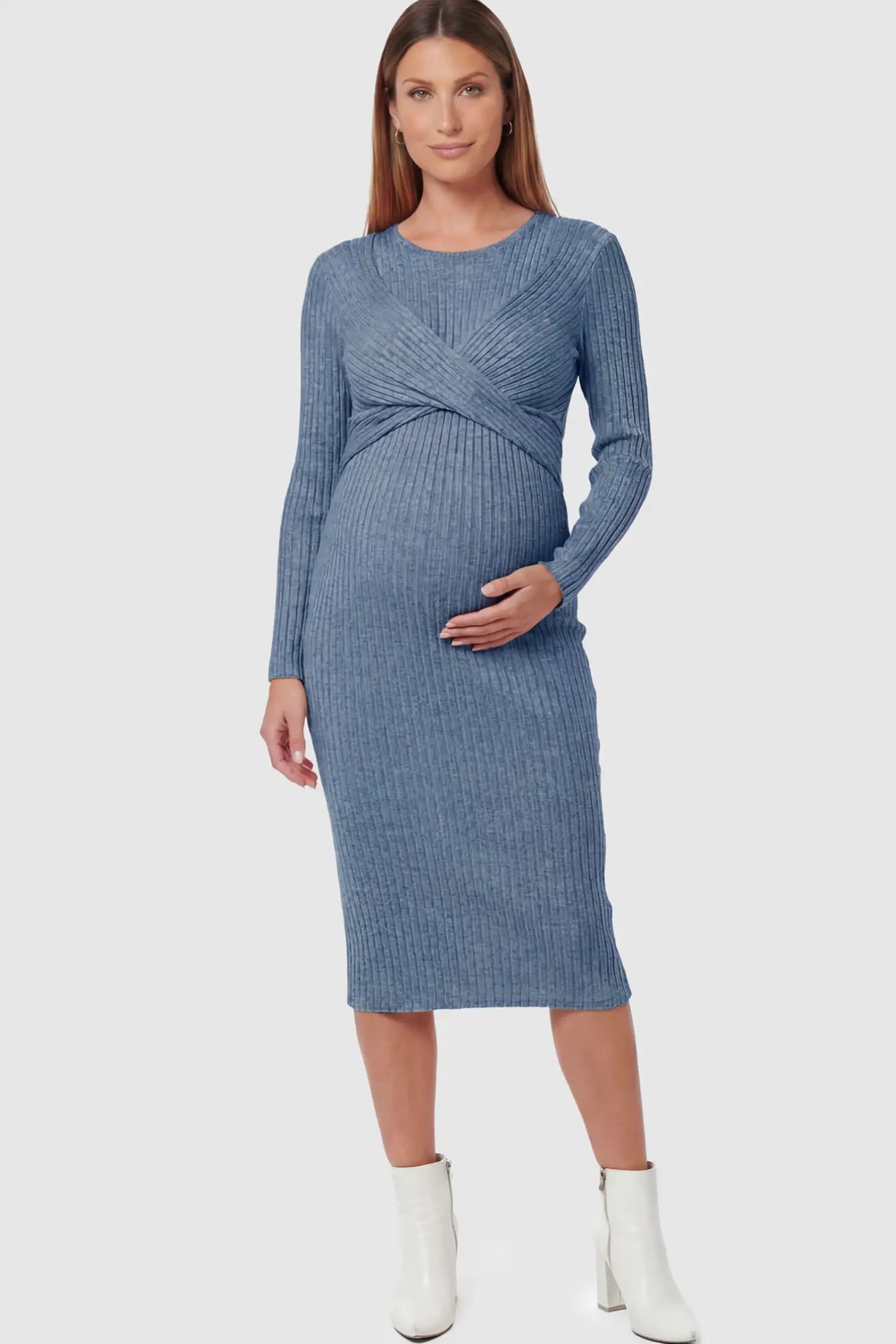 Ribbed Knit Cross Front Fitted Maternity Midi Dress in Blue featuring a supportive criss-cross bodice on a pregnant model.