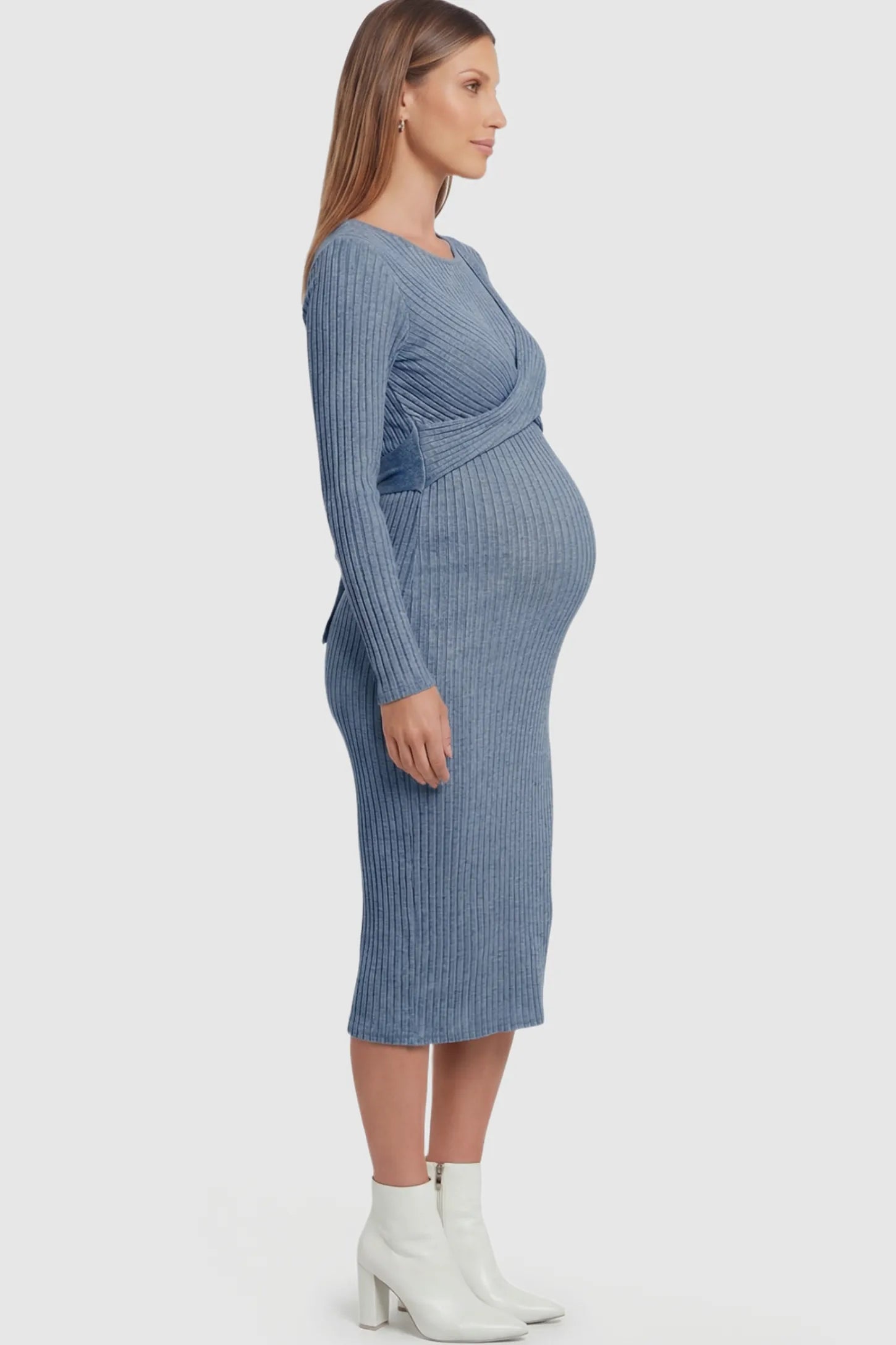 Ribbed Knit Cross Front Fitted Maternity Midi Dress Ribbed Knit Cross Front Fitted Maternity Midi Dress in Blue featuring a supportive criss-cross bodice on a pregnant model.