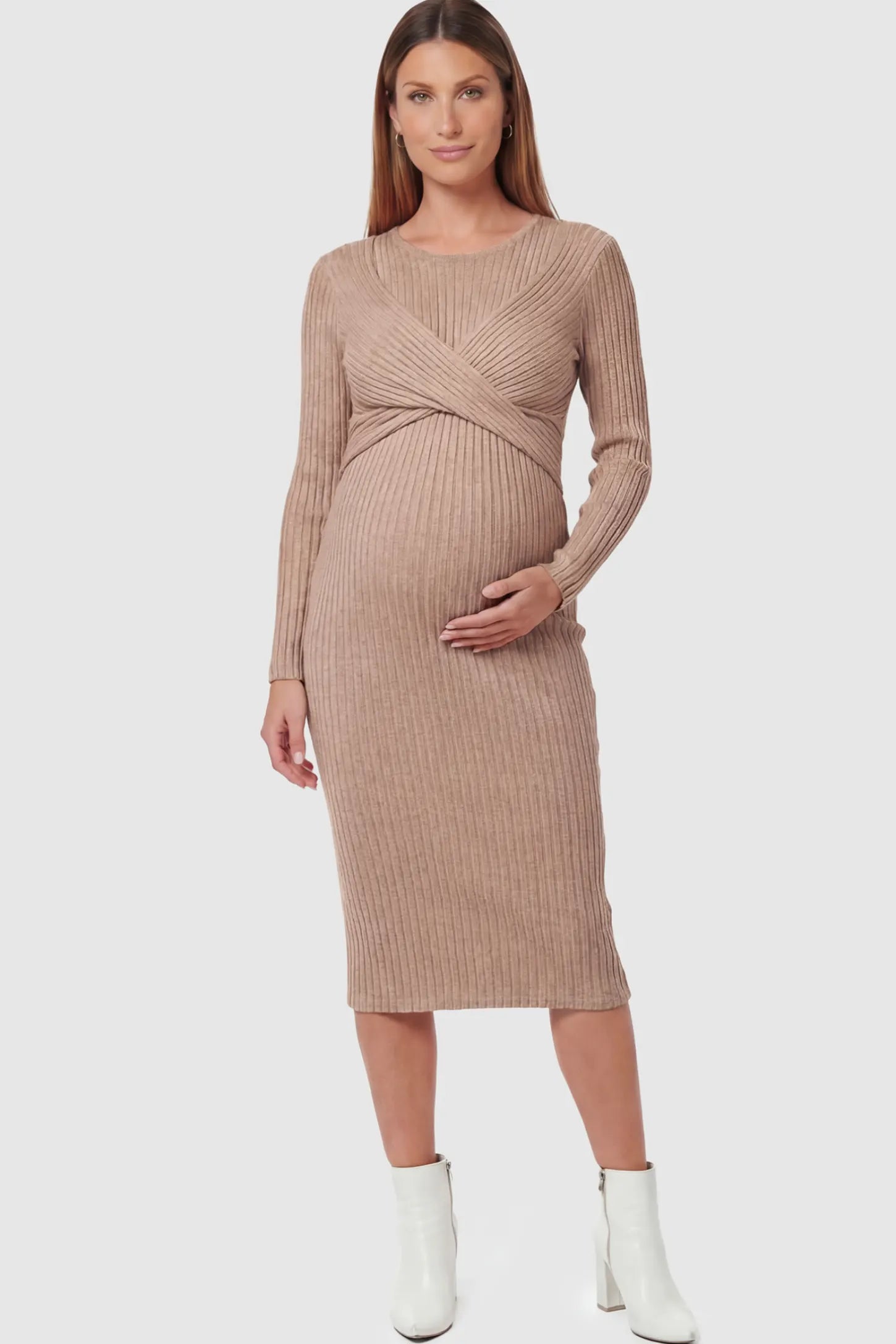 Ribbed Knit Cross Front Fitted Maternity Midi Dress Ribbed Knit Cross Front Fitted Maternity Midi Dress in Brown featuring a supportive criss-cross bodice on a pregnant model.
