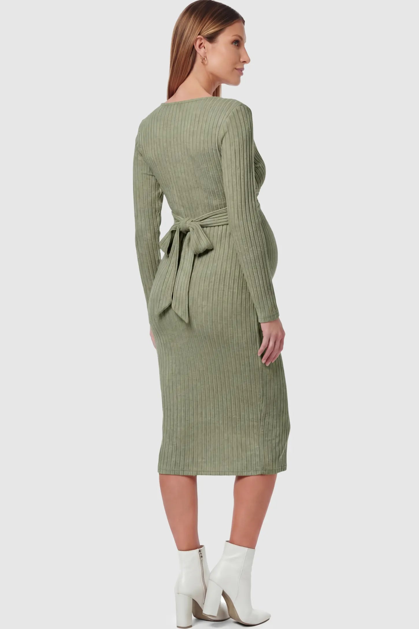 Ribbed Knit Cross Front Fitted Maternity Midi Dress Ribbed Knit Cross Front Fitted Maternity Midi Dress in Green featuring a back waist-tie on a pregnant model.