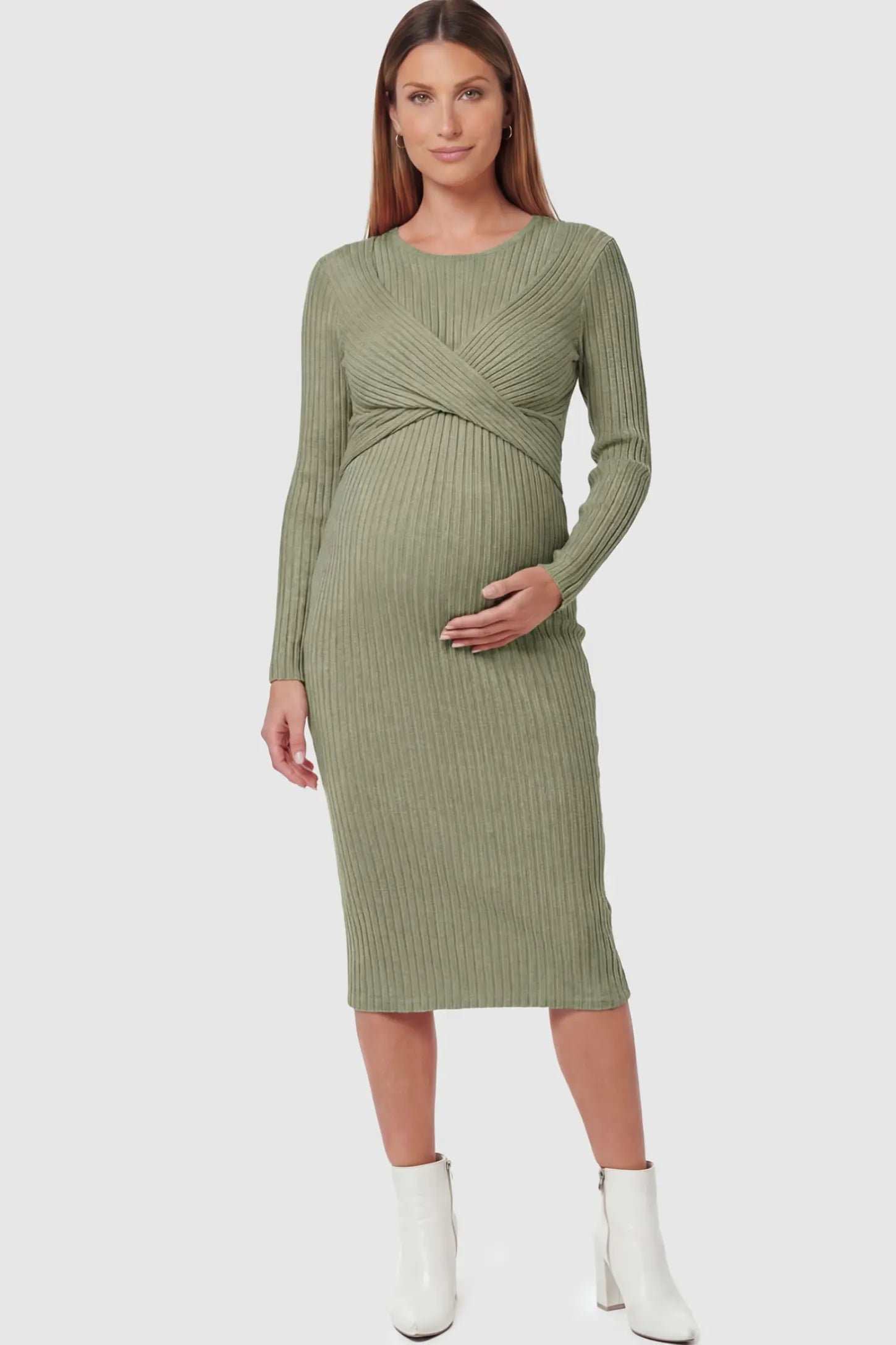 Ribbed Knit Cross Front Fitted Maternity Midi Dress Ribbed Knit Cross Front Fitted Maternity Midi Dress in Green featuring a supportive criss-cross bodice on a pregnant model.
