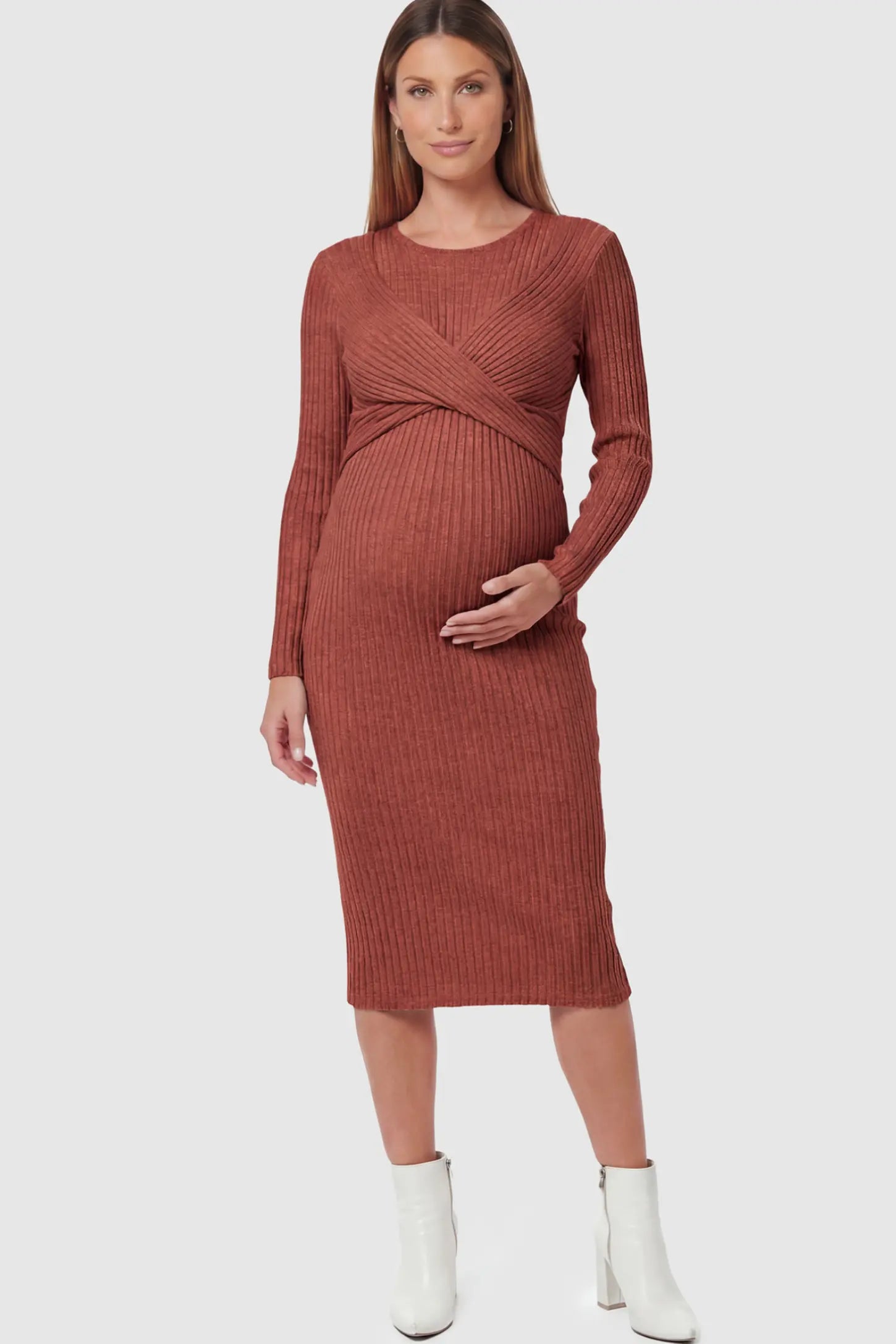 Ribbed Knit Cross Front Fitted Maternity Midi Dress Ribbed Knit Cross Front Fitted Maternity Midi Dress in Wine Red featuring a supportive criss-cross bodice on a pregnant model.